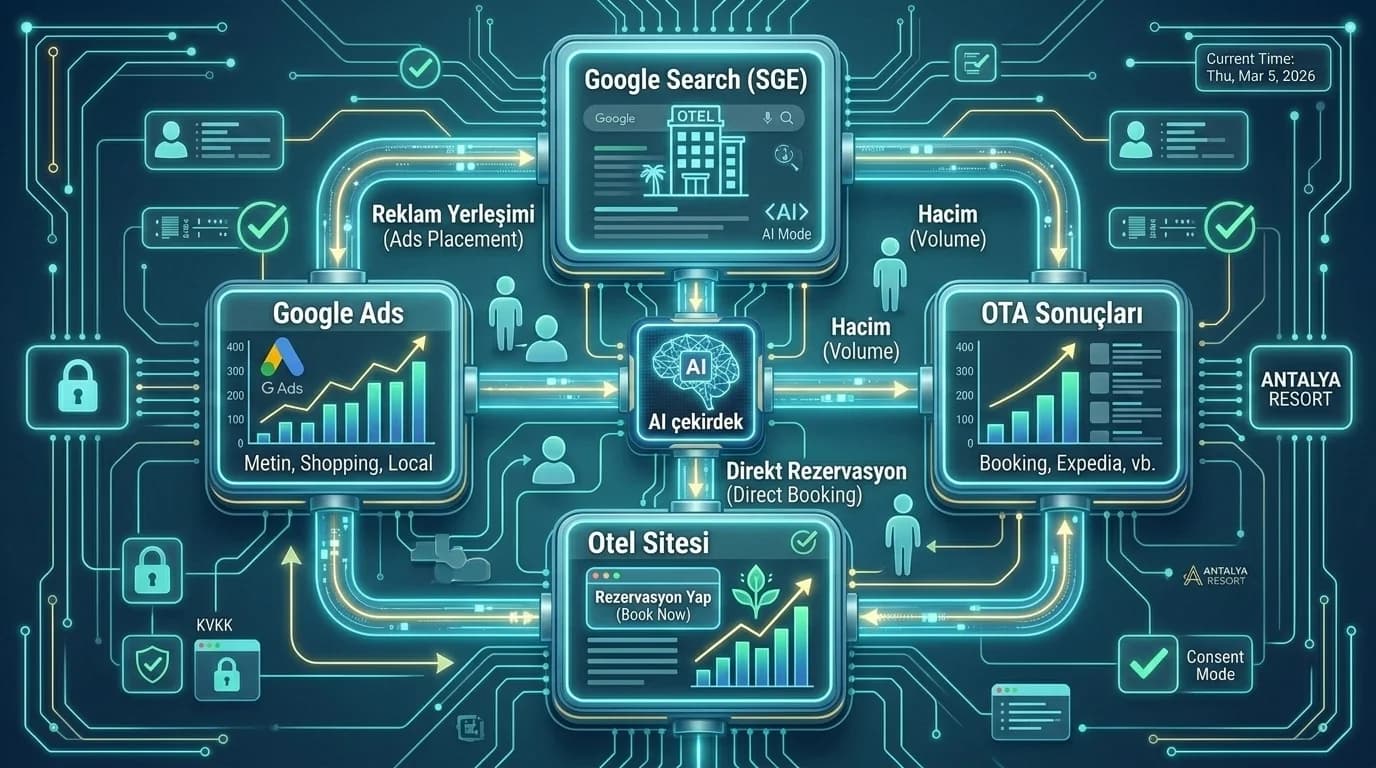 SGE + Ads + OTA birlikte görünüm diyagramı, otel arama deneyimi akış
