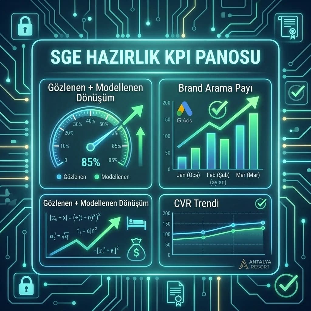 SGE hazırlık KPI kartı: brand payı, CVR, modeled/observed ölçüm, otel paneli