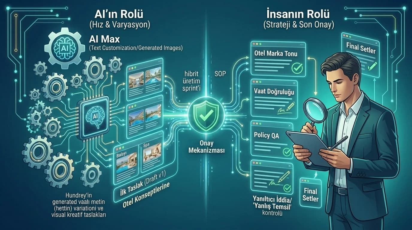 AI önerisi ve insan revizyonu ile otel Google Ads kreatif süreci görseli