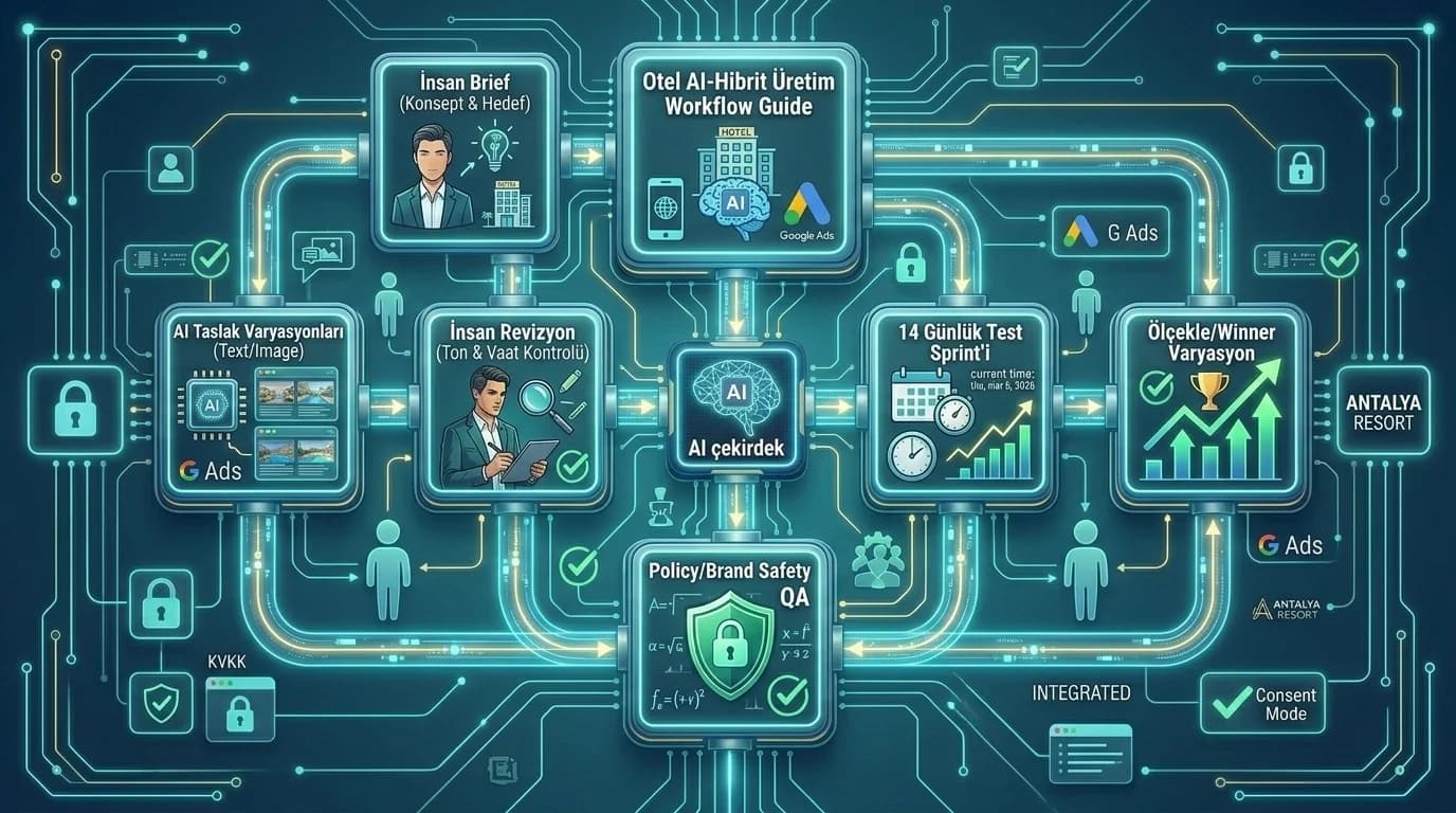 İnsan copywriter + AI workflow diyagramı, otel reklam üretim süreci