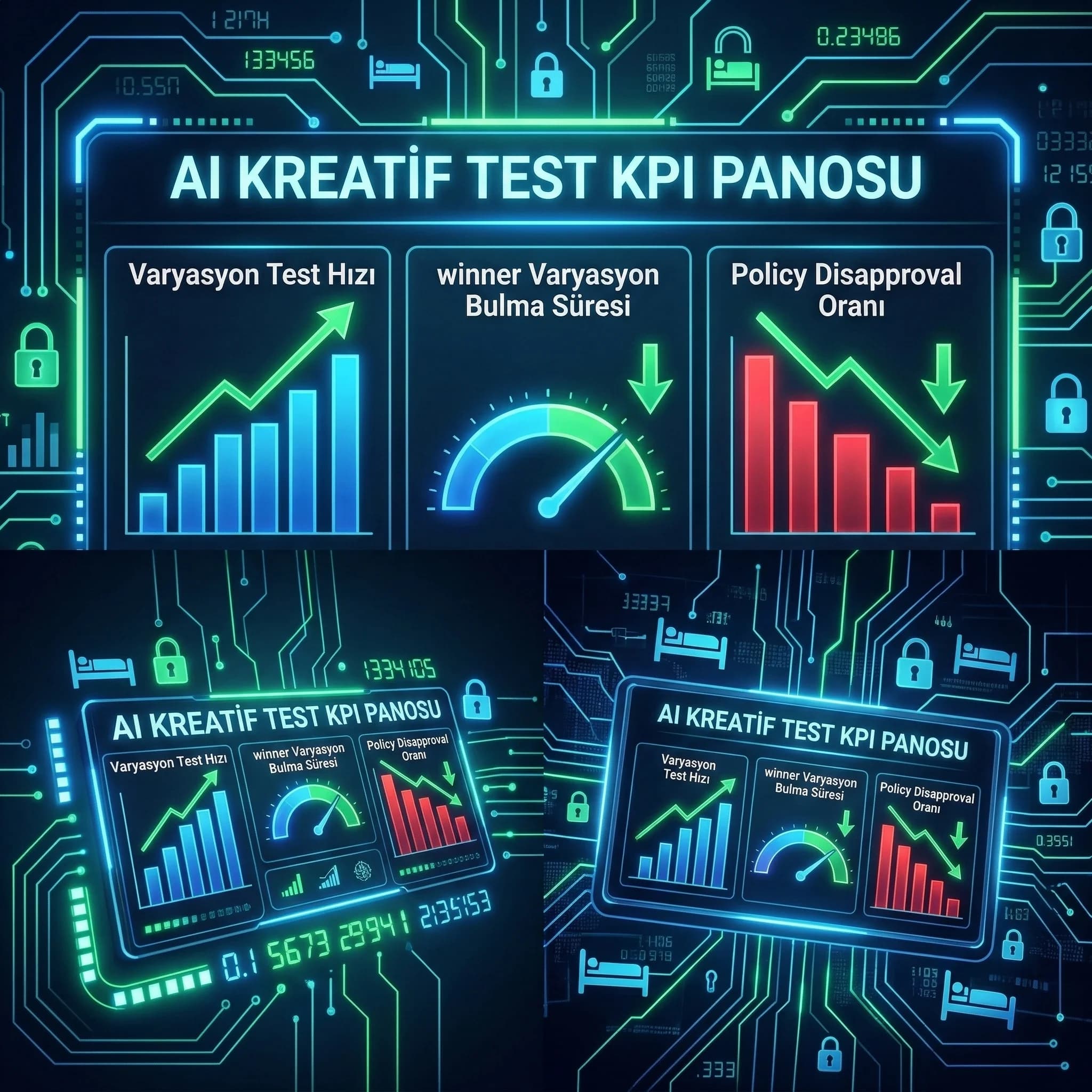 AI kreatif test KPI kartı: CTR, CVR, CPA, policy hatası, otel paneli