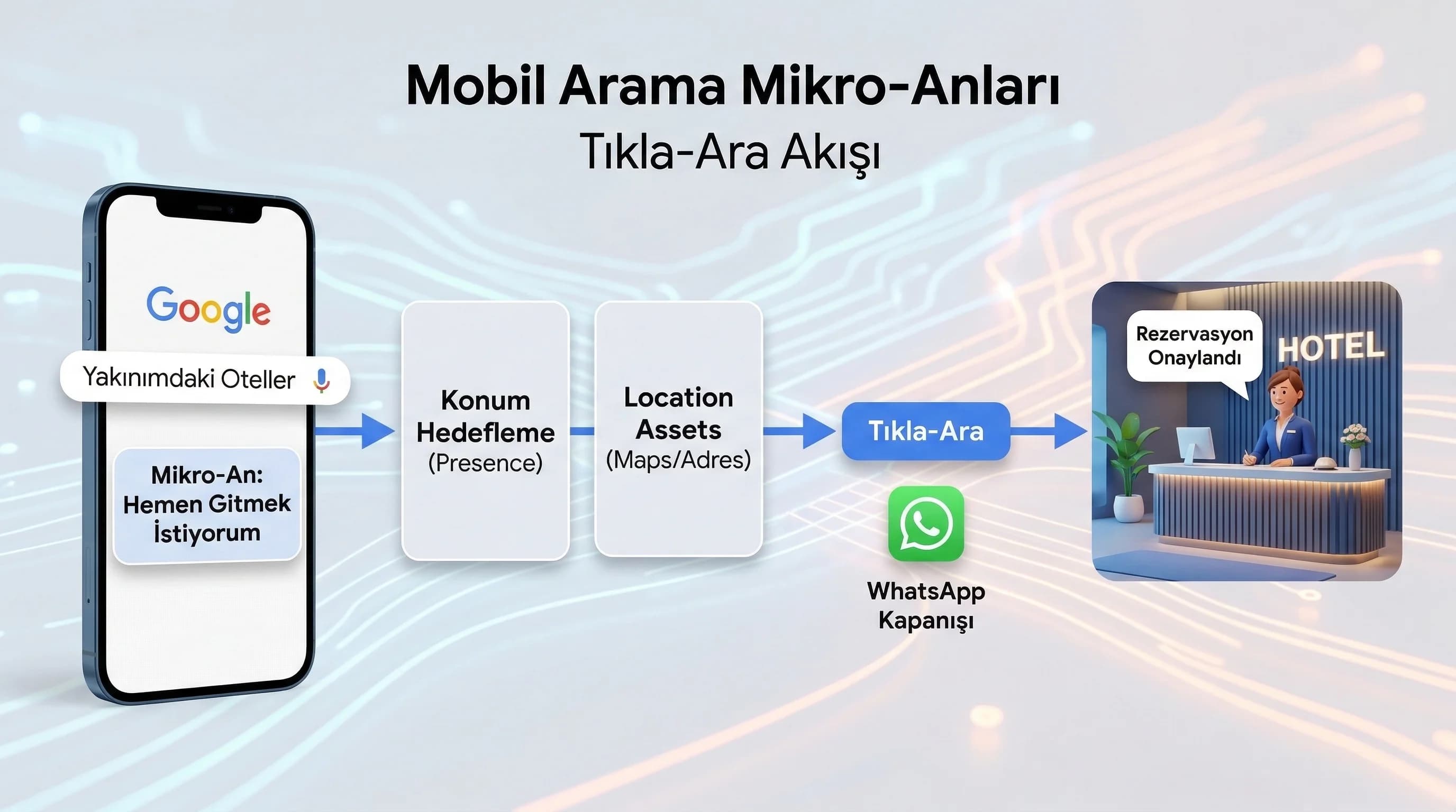 AMobil arama mikro-anları ve tıkla-ara akışı, otel rezervasyon funnel görseli