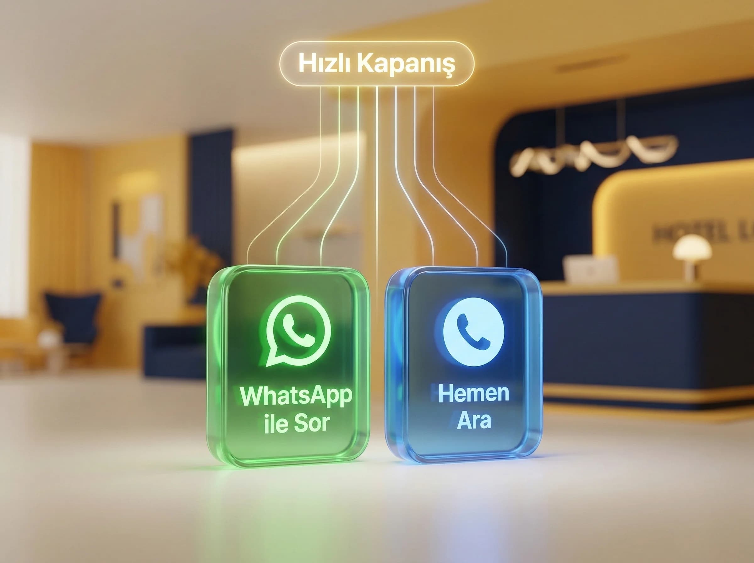Tıkla-ara ve WhatsApp kapanışı, mobil otel rezervasyon aksiyonları görseli