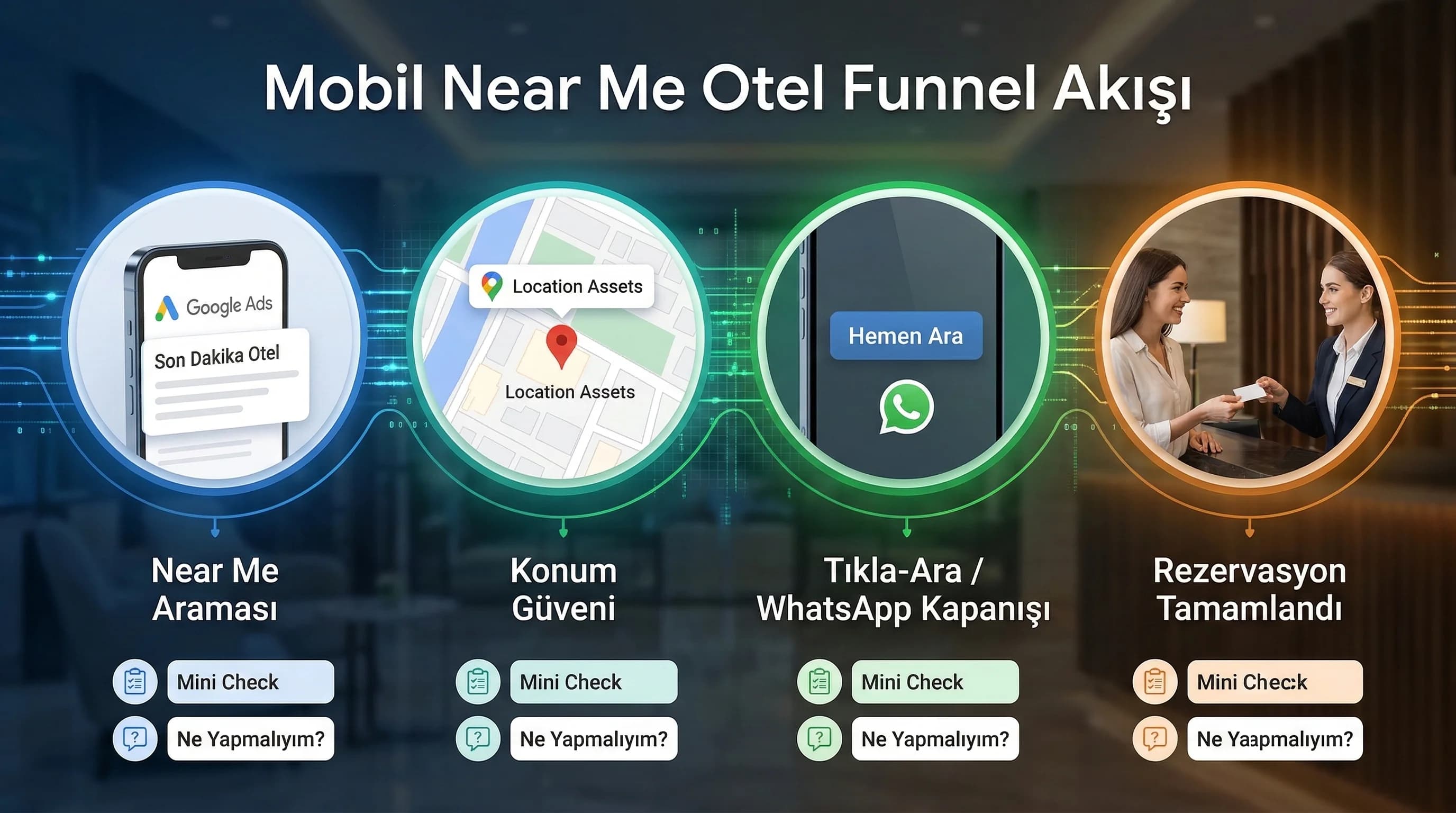 Mobil near me otel funnel diyagramı: Ads → Maps → call → rezervasyon akışı