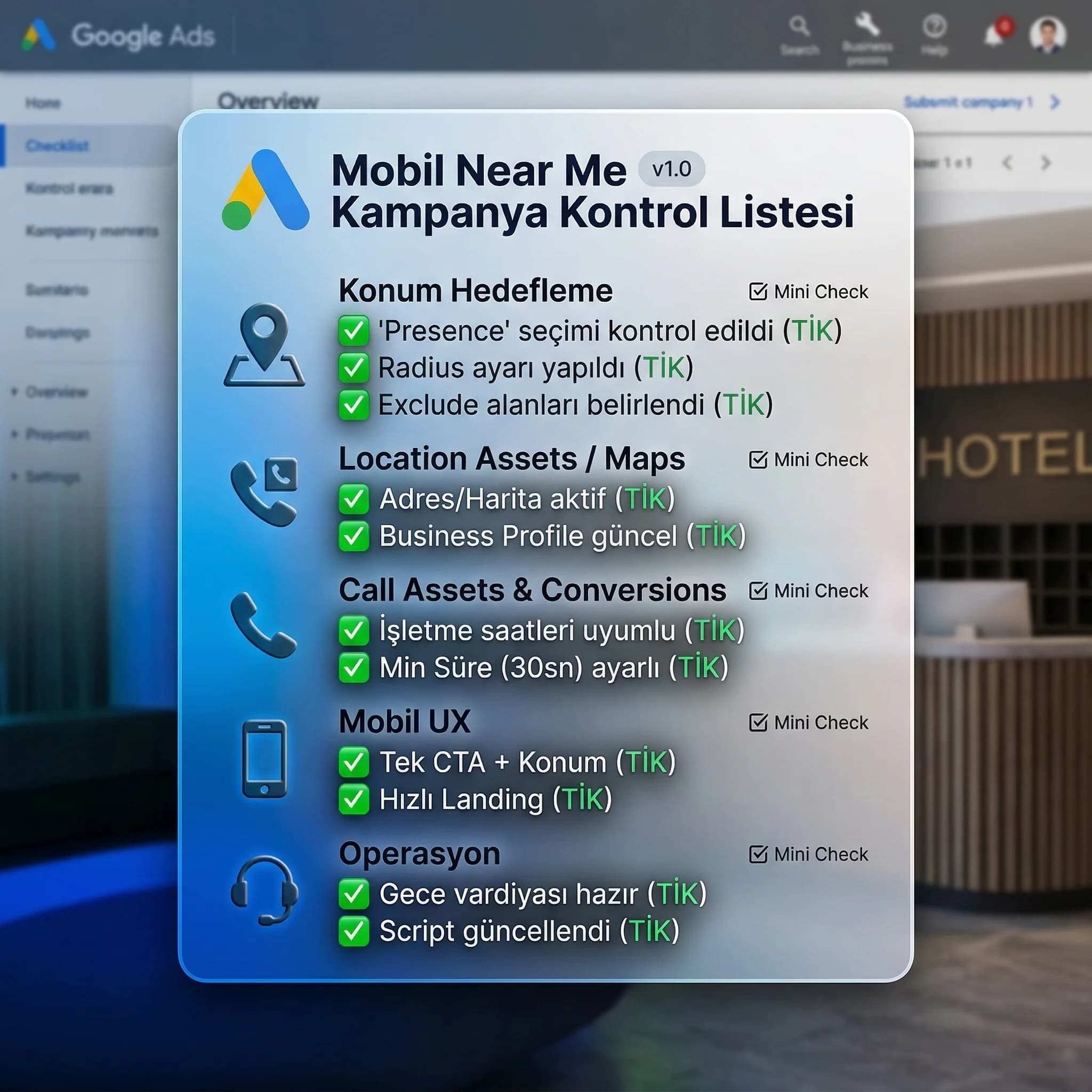 Mobil near me kampanya kontrol listesi, konum hedefleme ve call ölçüm kartı