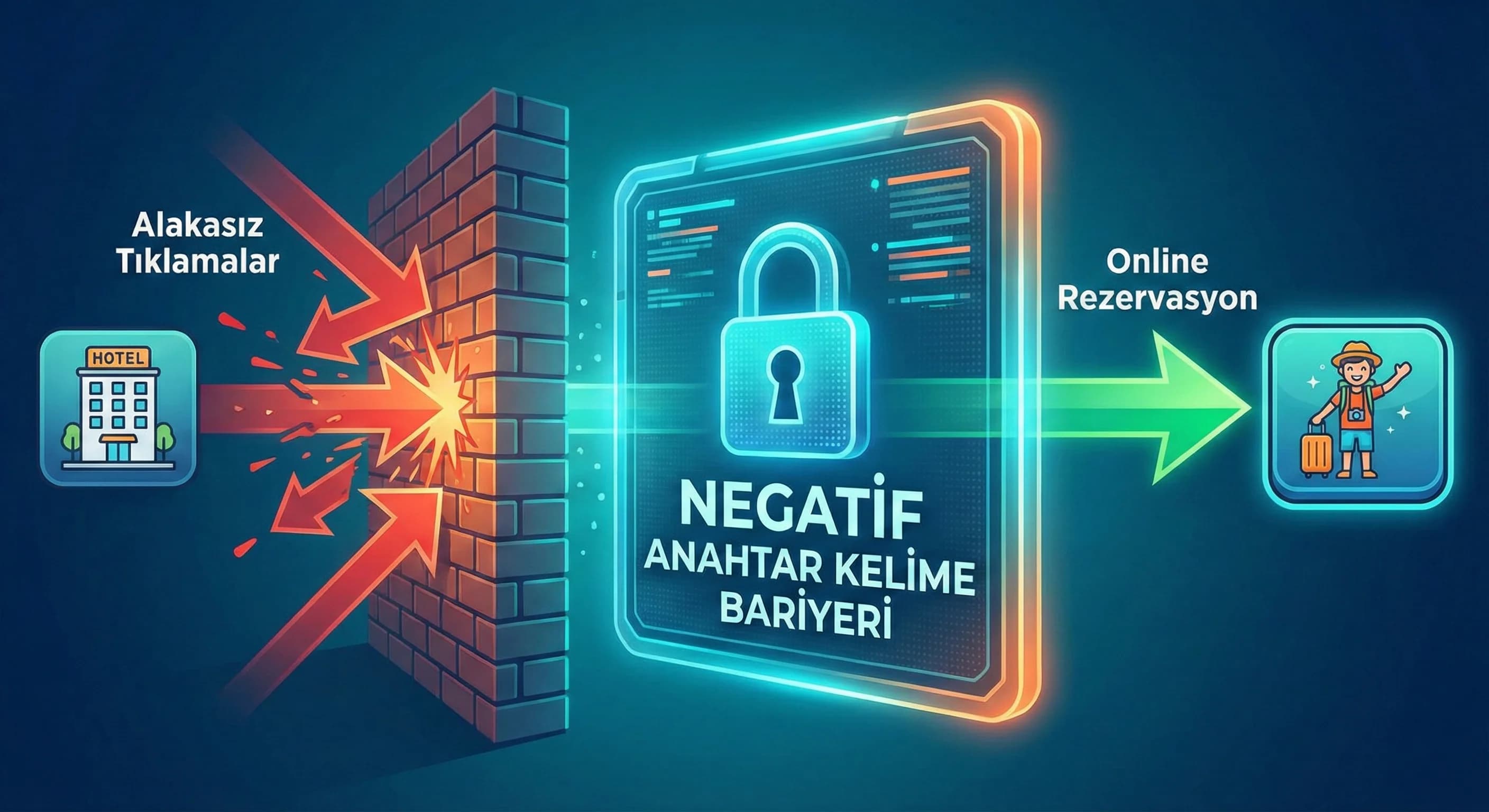 Negatif keyword mantığı bölüm ayırıcı görsel, otel PPC optimizasyon teması