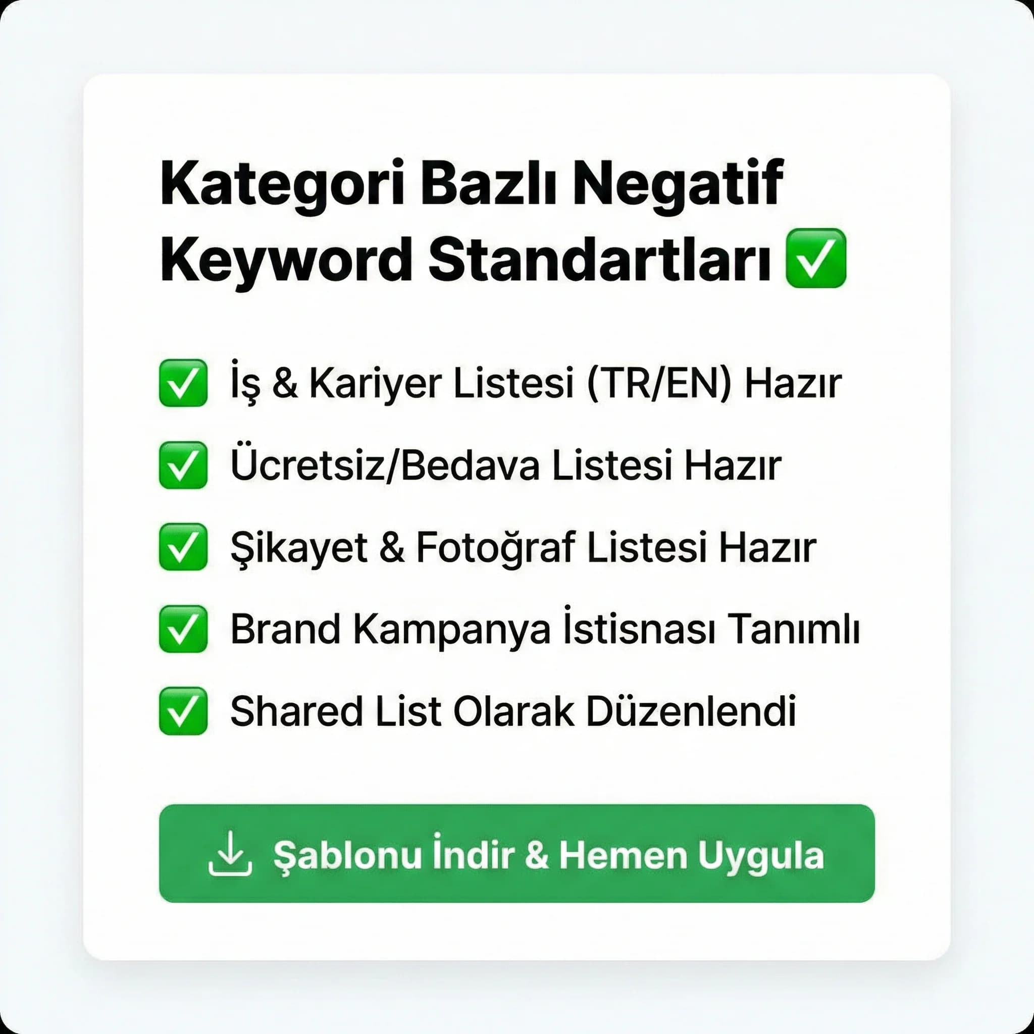 Kategori bazlı negatif keyword kontrol listesi, otel PPC israf azaltma kartı