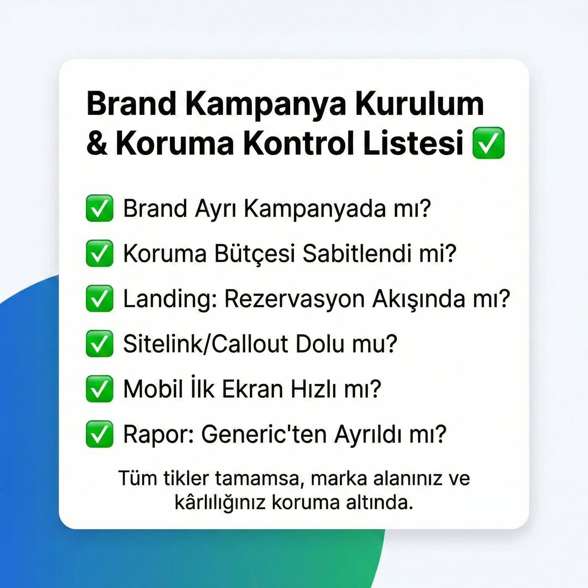 Brand kampanya kurulum checklist’i, otel direkt rezervasyon koruma kontrol kartı