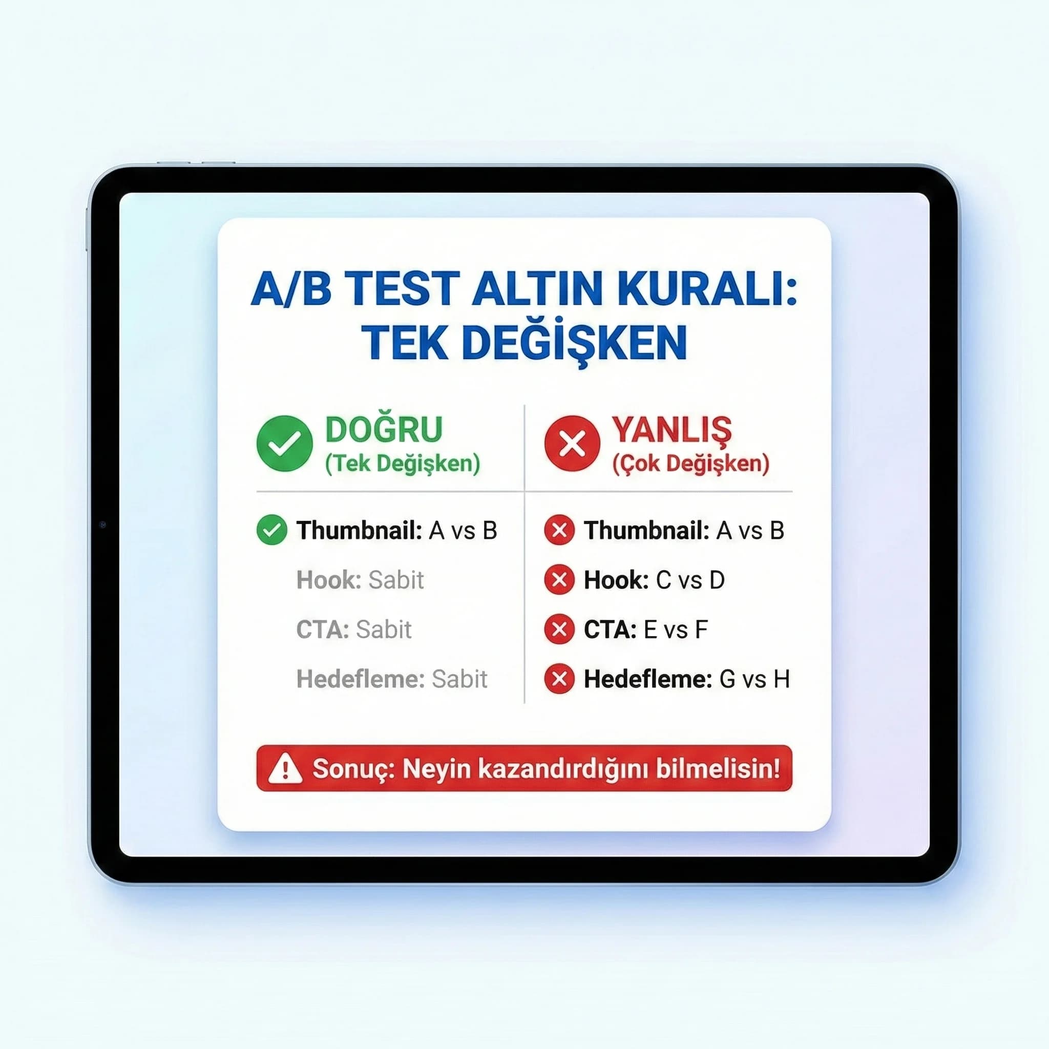 Tek değişken kuralı + test öncelik checklist kartı
