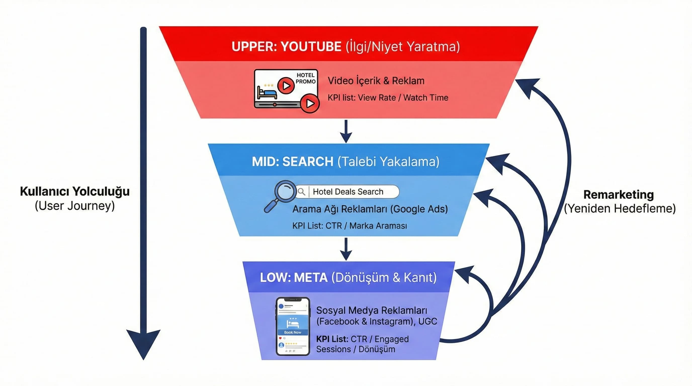 YouTube–Search–Meta funnel diyagramı