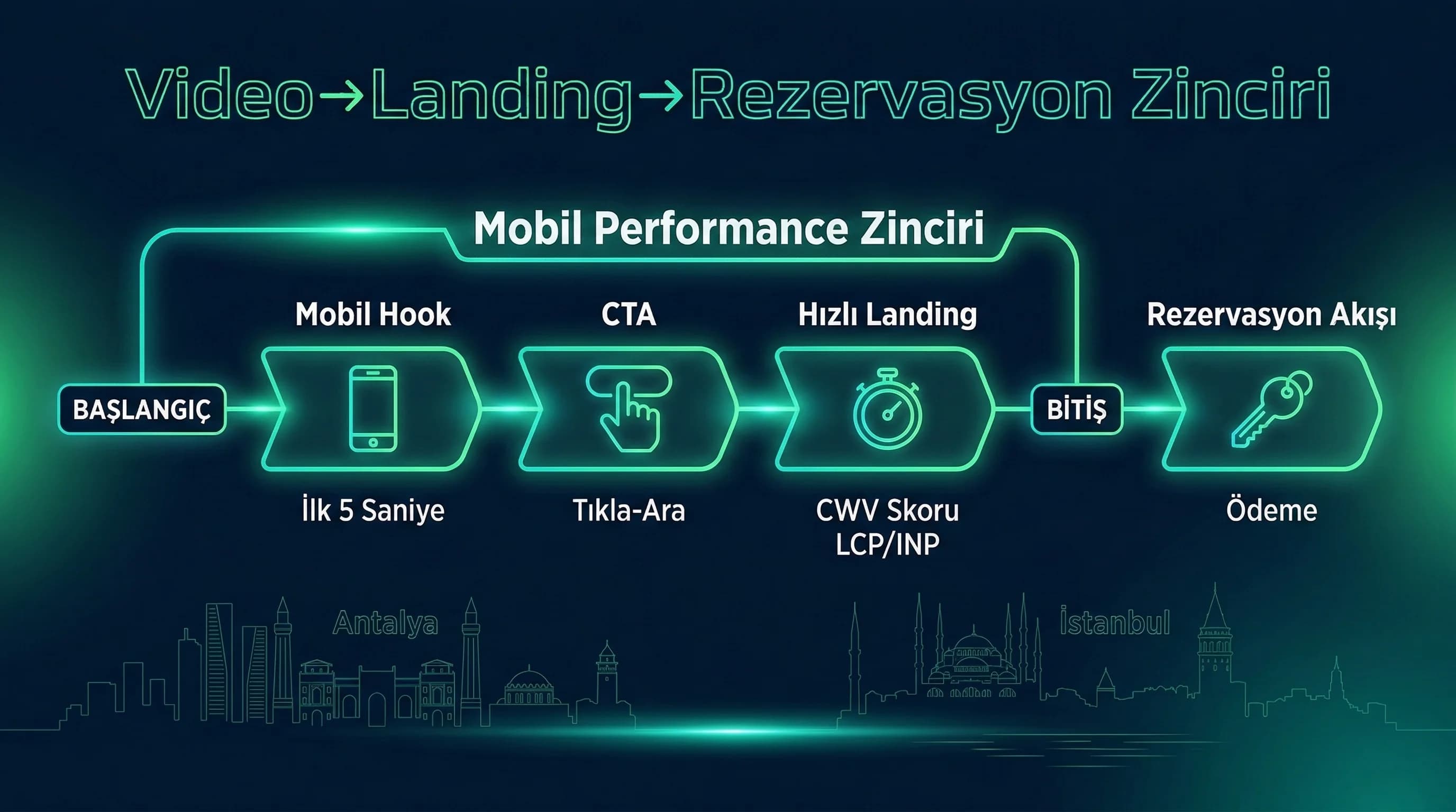 Mobil performans zinciri: video hook → CTA → landing → rezervasyon akışı