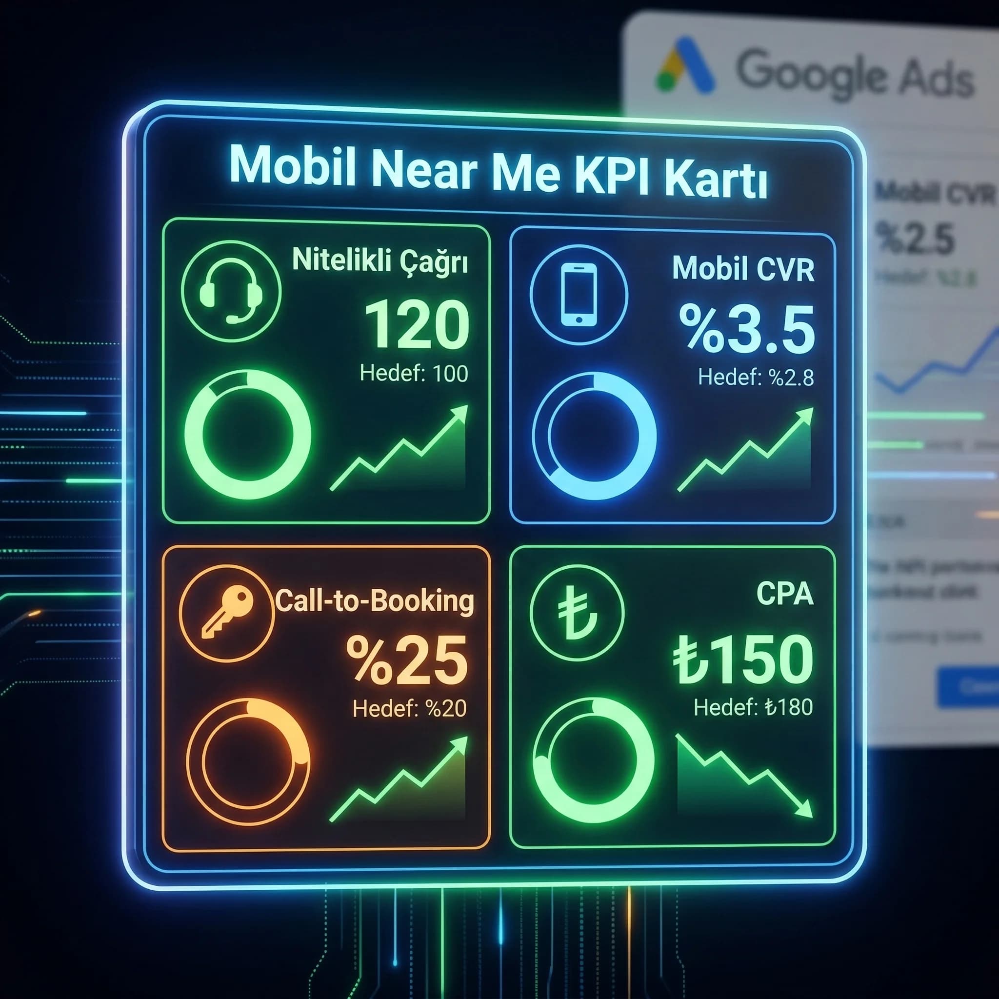 Mobil performans KPI skor kartı (view rate, CTR, CWV, CR)