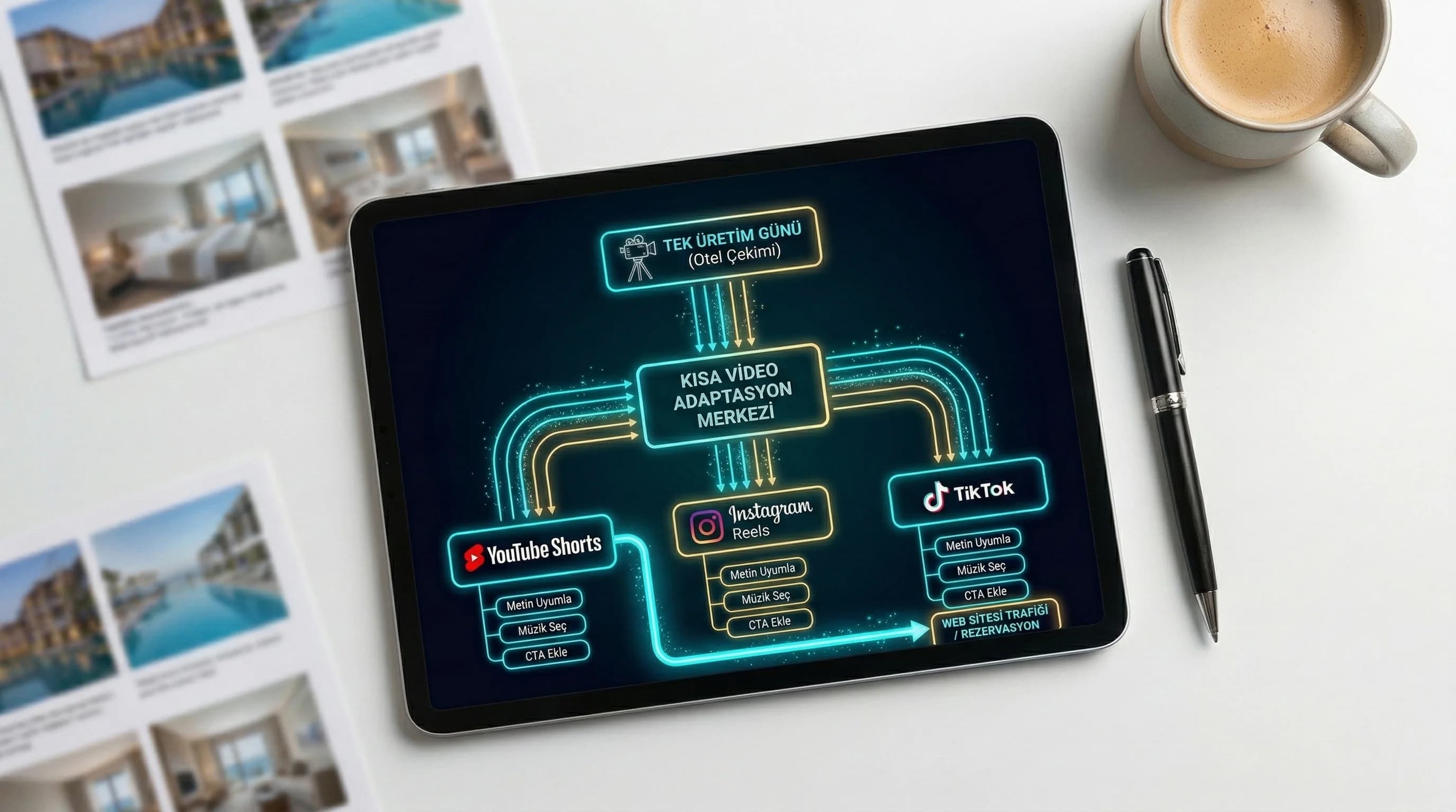 Cross-platform kısa video üretim akışı + Shorts→web mini akış