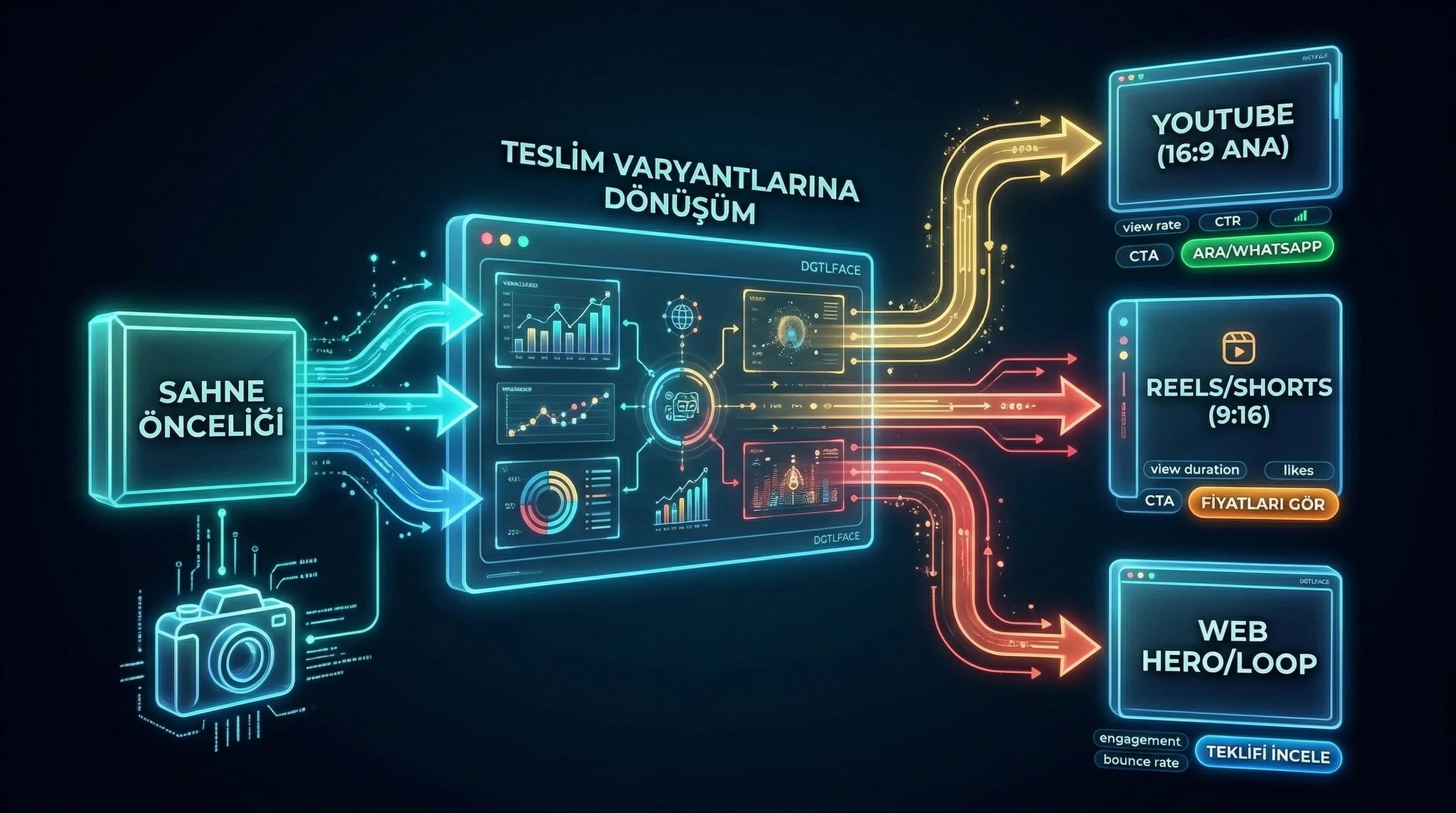 Sahne önceliği → teslim varyantlarına dönüşüm akış diyagramı