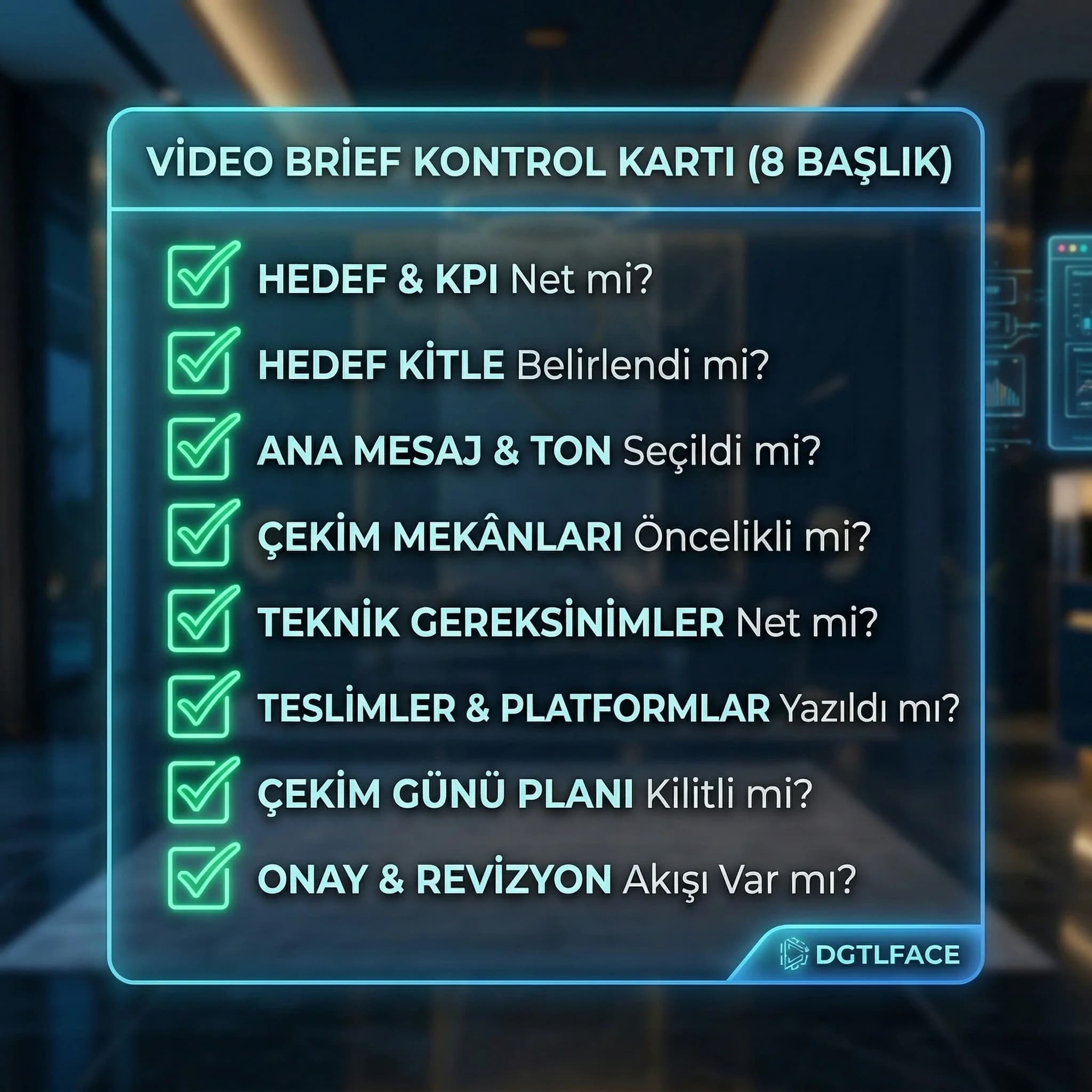 Video brief kontrol kartı (8 başlık)