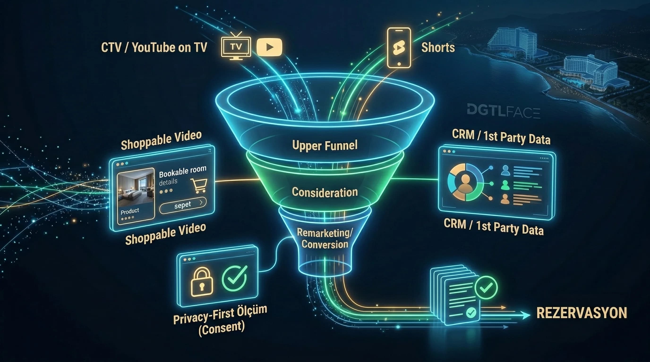CTV/Shorts/shoppable/CRM/consent → otel funnel diyagramı