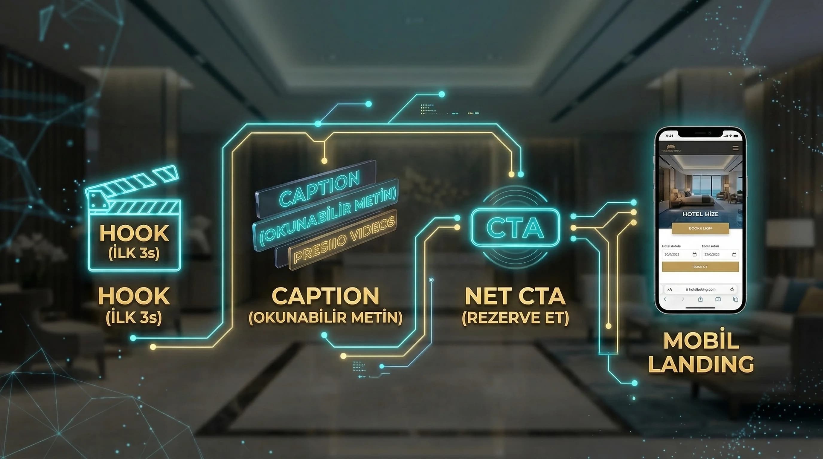 Sound-off kreatif sistemi: hook→caption→CTA→landing akışı