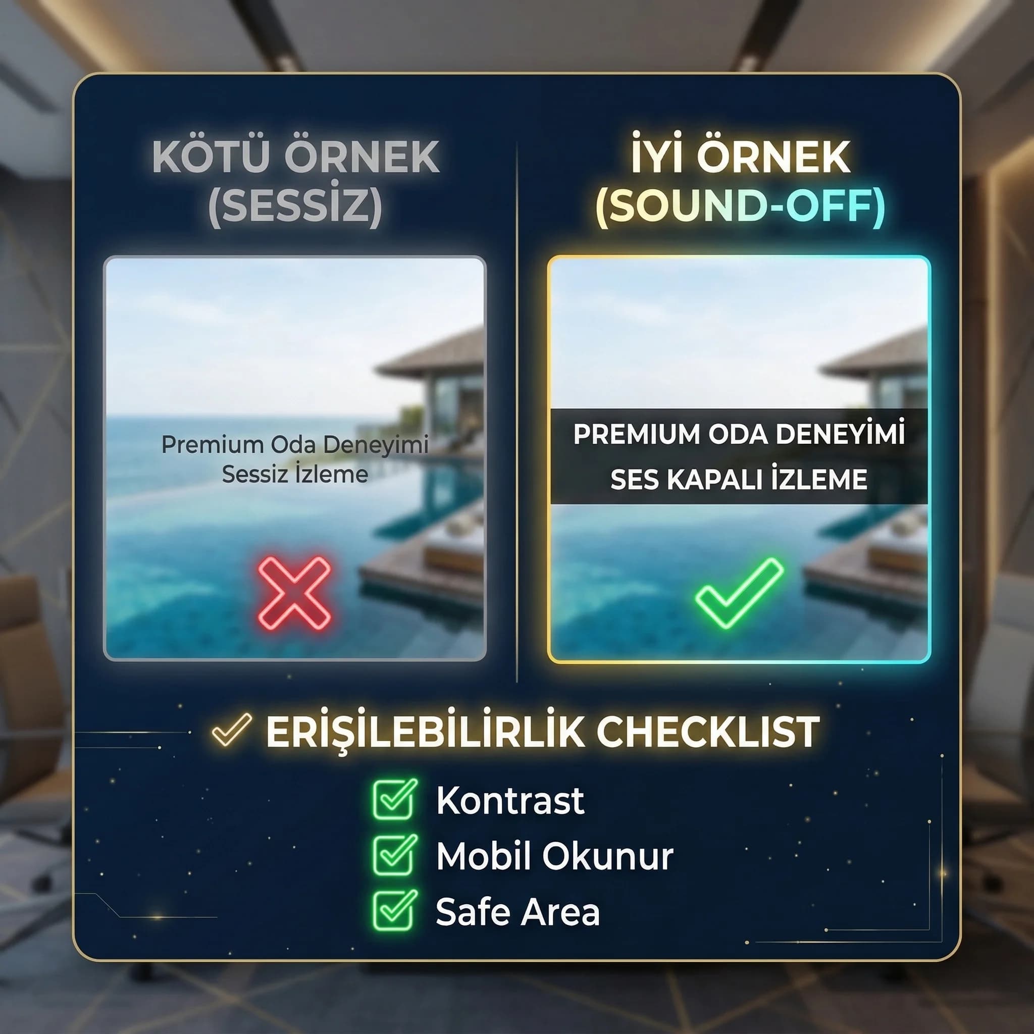 Caption güçlü/zayıf karşılaştırma + erişilebilirlik mini checklist