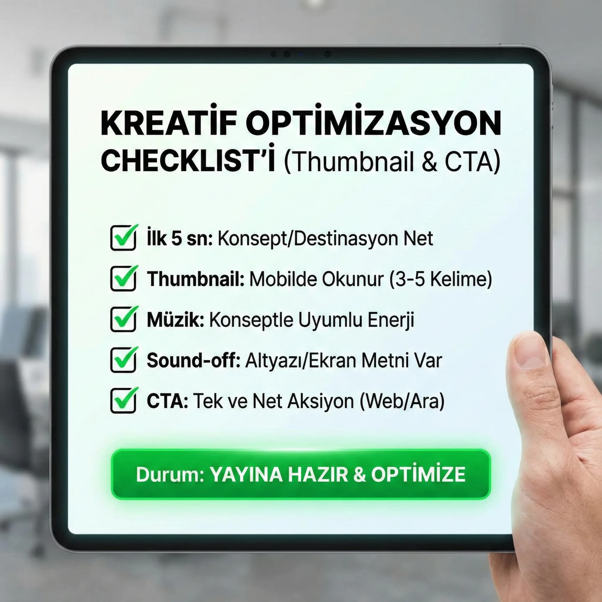 Thumbnail + CTA + sound-off checklist kartı