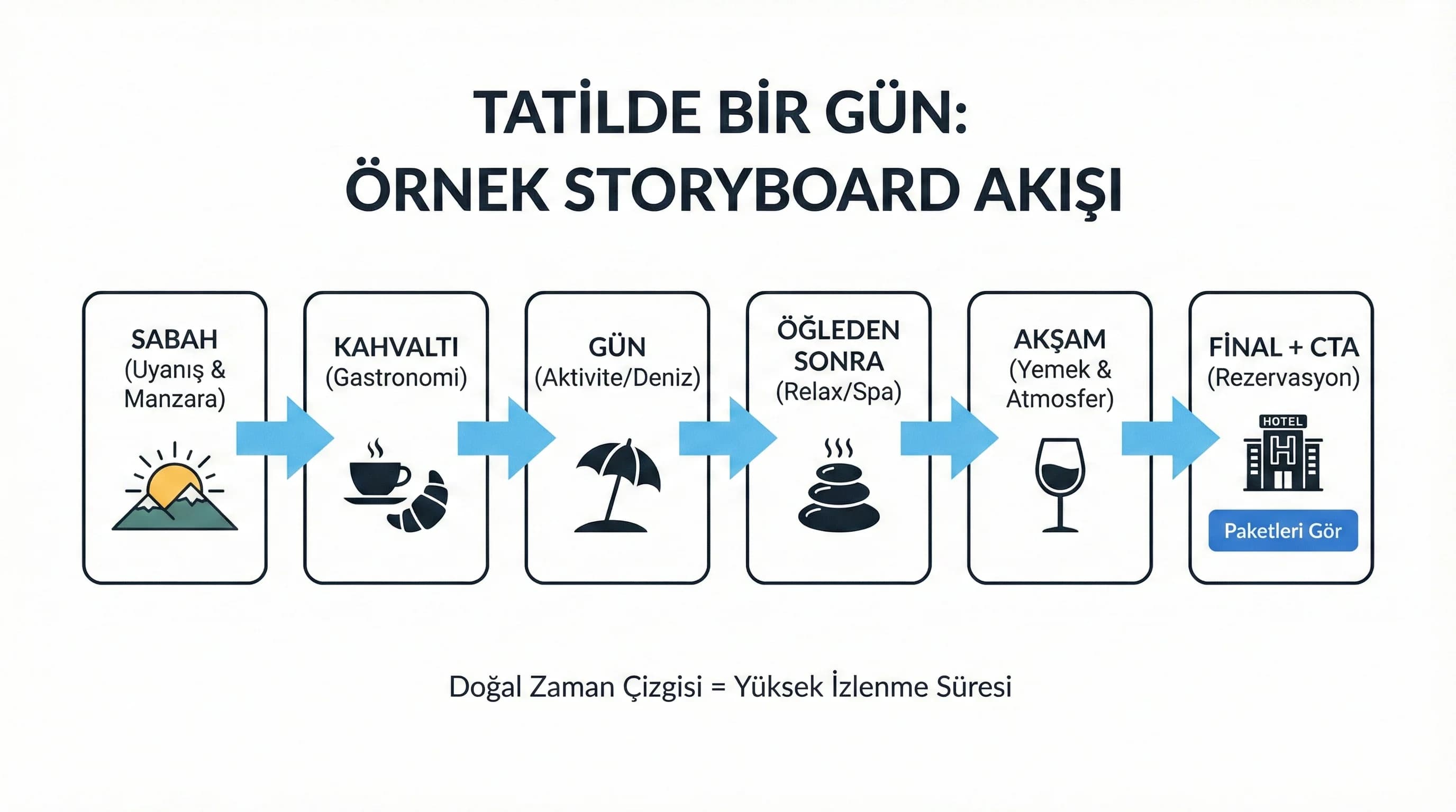 “Tatilde bir gün” storyboard akış diyagramı (sabah→gece) + CTA