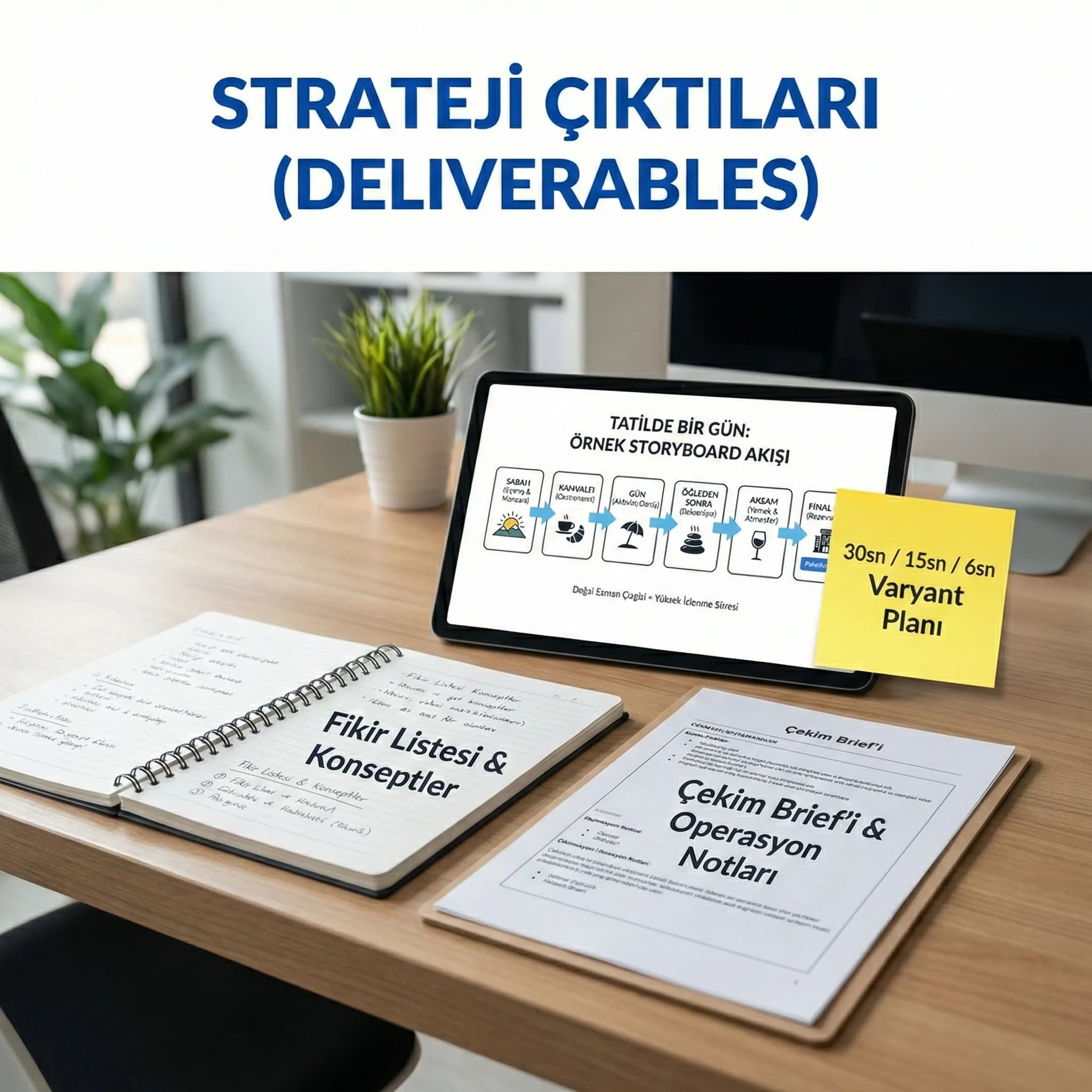 Çıktılar: fikir listesi, storyboard, çekim brief’i, varyant planı