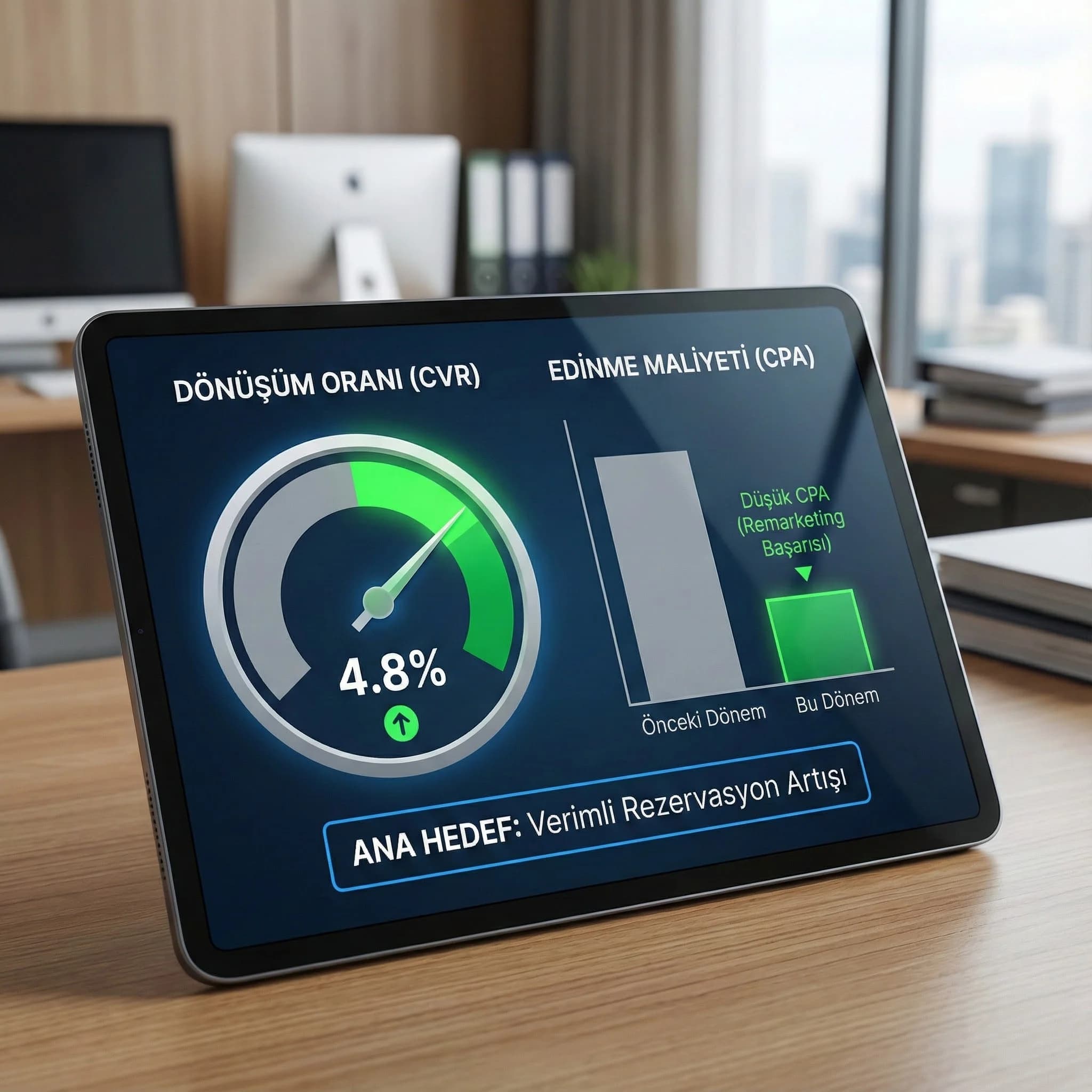 Remarketing performansını CPA ve dönüşümle özetleyen otel KPI kartı