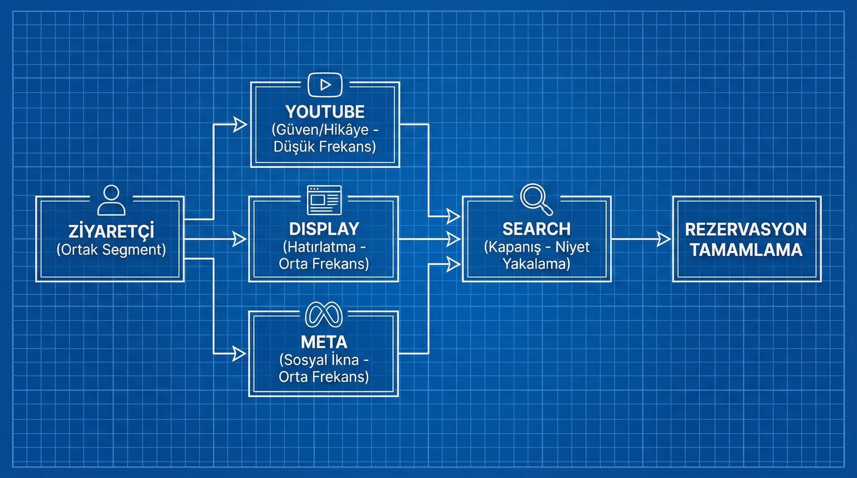 YouTube Display Meta ile cross-channel remarketing otel funnel diyagramı