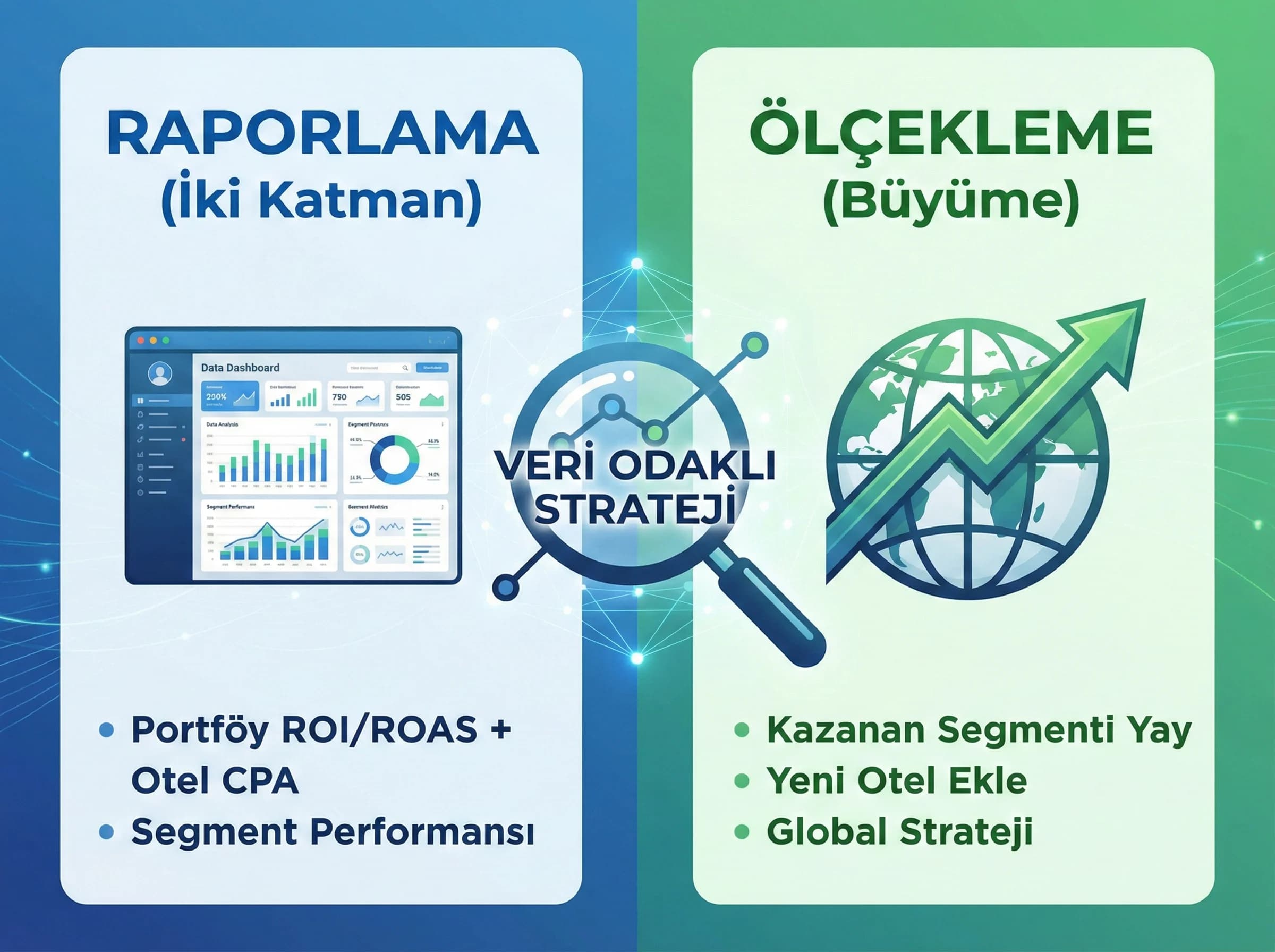 Raporlama ROI ve ölçekleme adımlarını ayıran zincir otel bölüm görseli