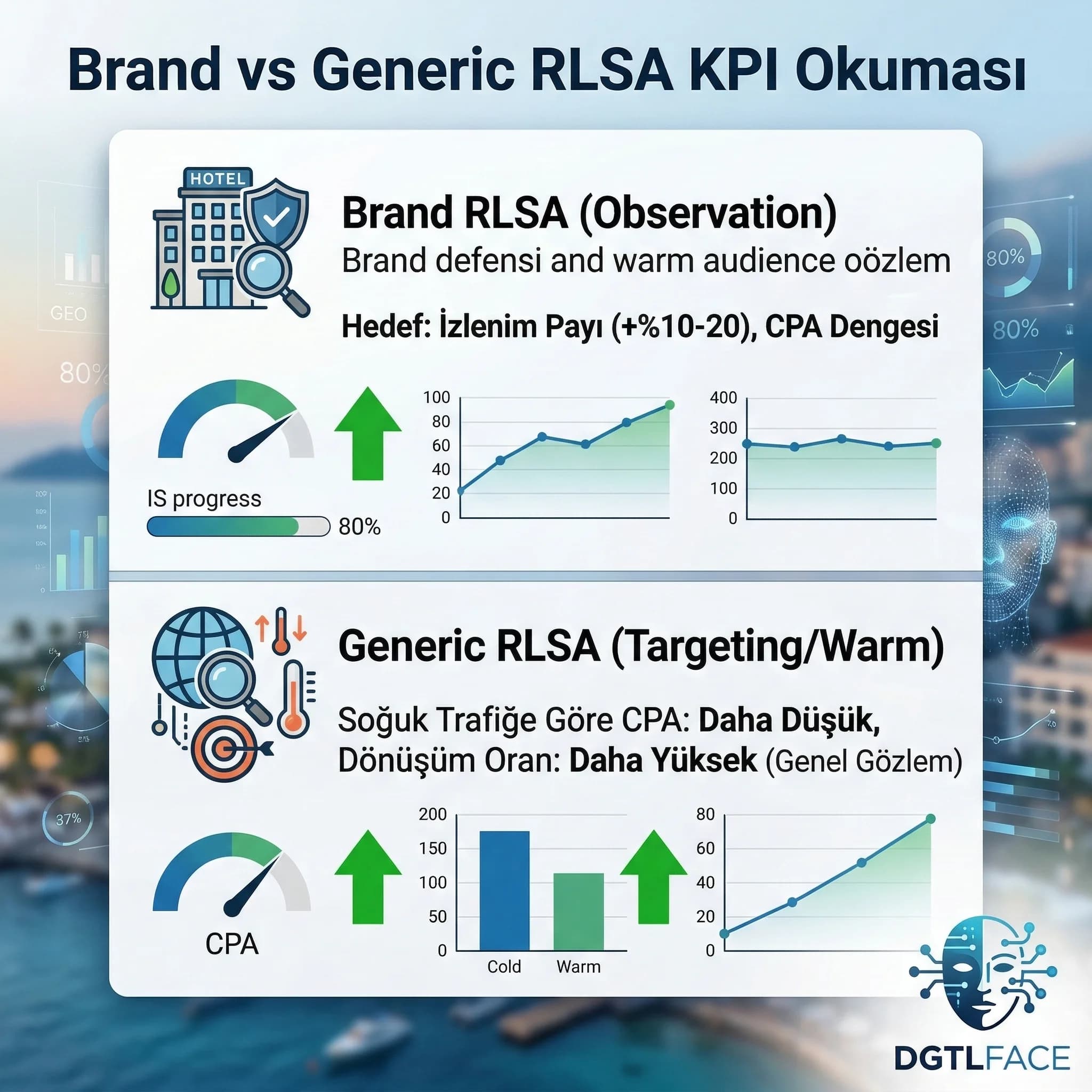 Brand ve generic RLSA performansını CPA ve dönüşümle özetleyen KPI kartı