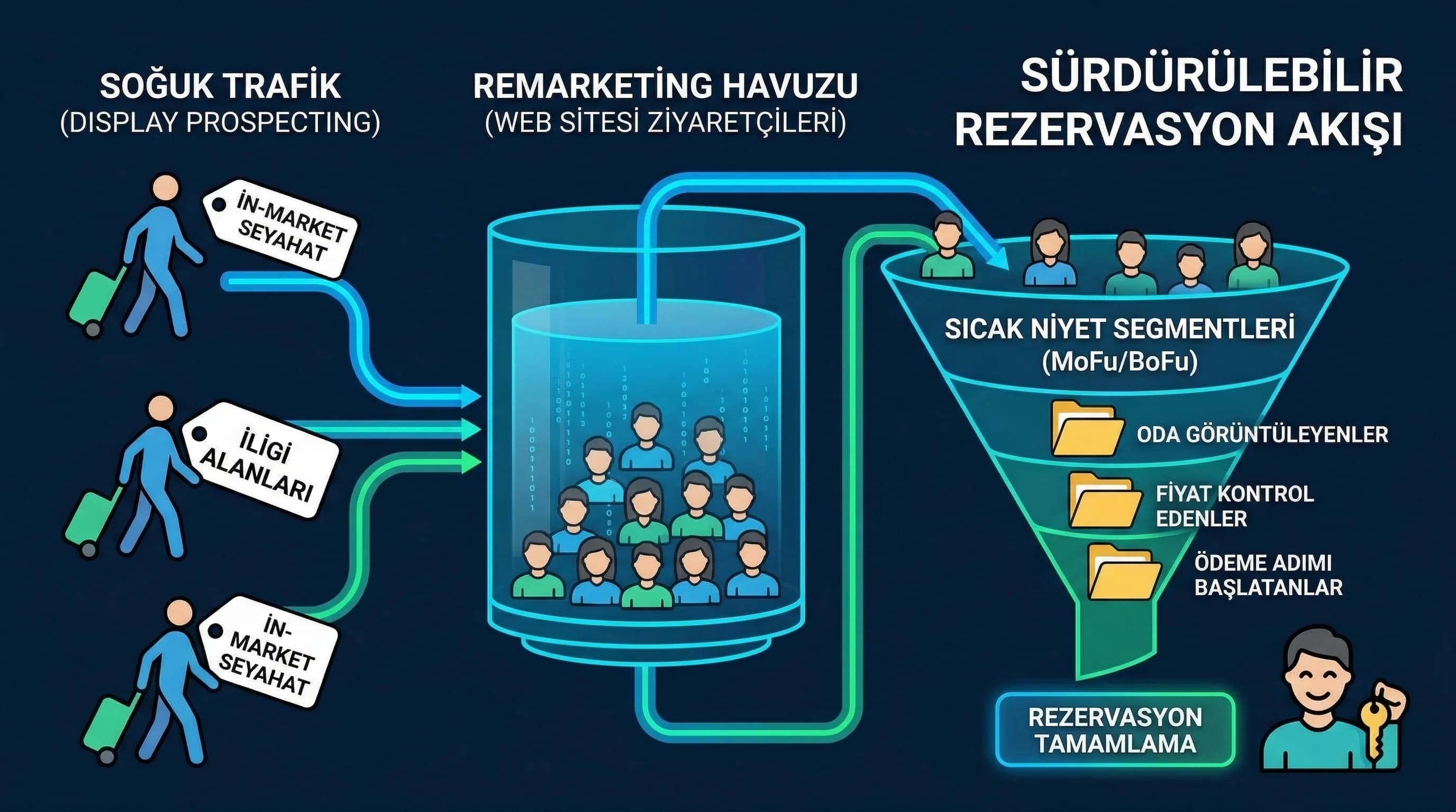 Soğuk kitle trafiğinin remarketing havuzunu beslemesini anlatan otel bağlam görseli