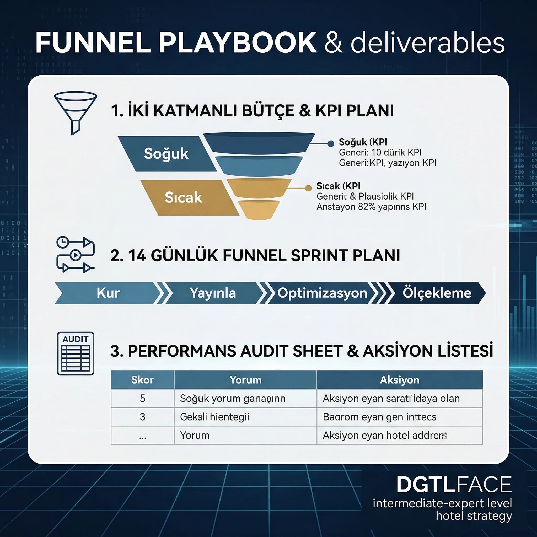 Funnel şeması ve bütçe KPI planını gösteren otel proof kartı
