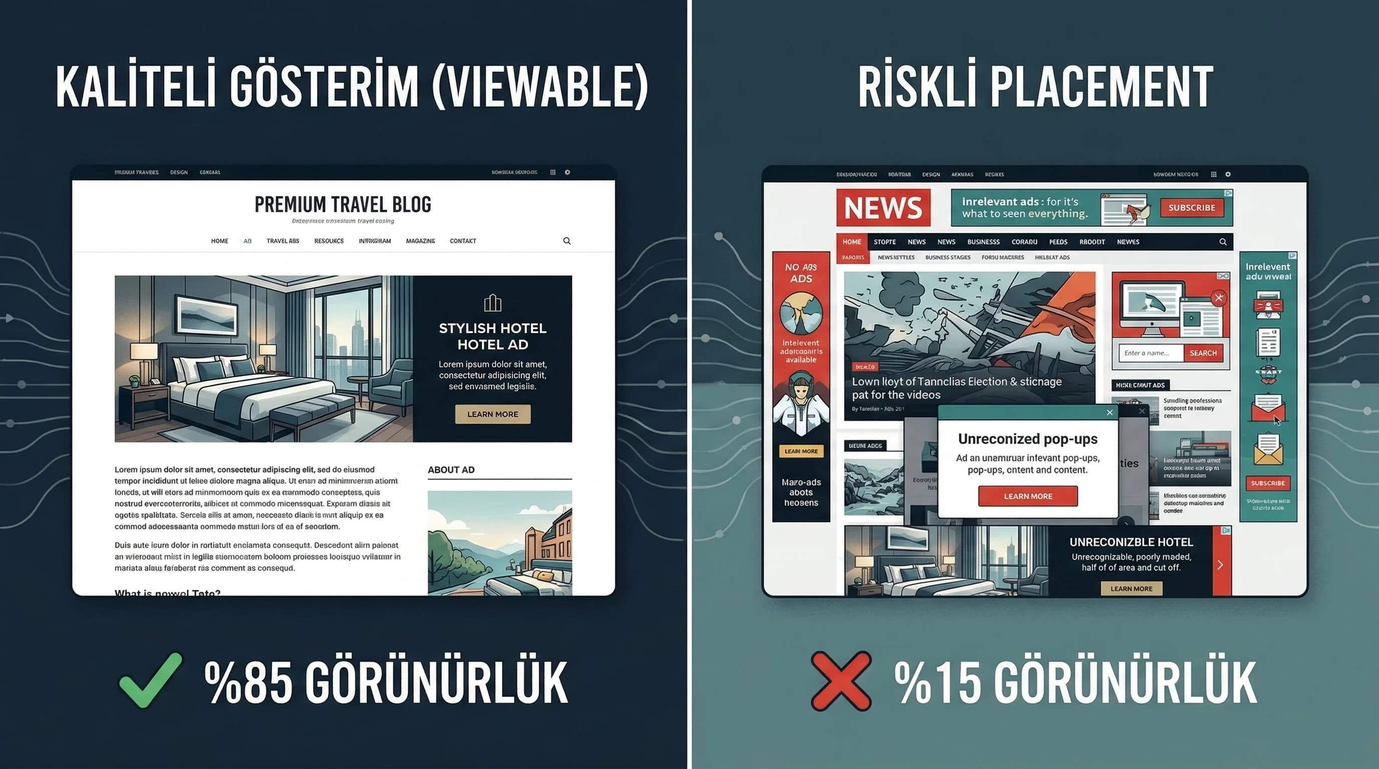 Kaliteli gösterim ile riskli placement farkını anlatan otel bağlam görseli