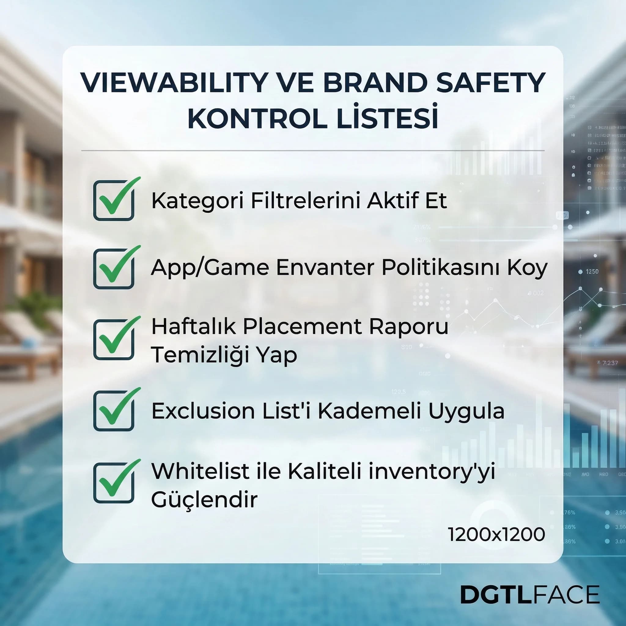 Viewability ve brand safety kontrol listesini özetleyen checklist kartı