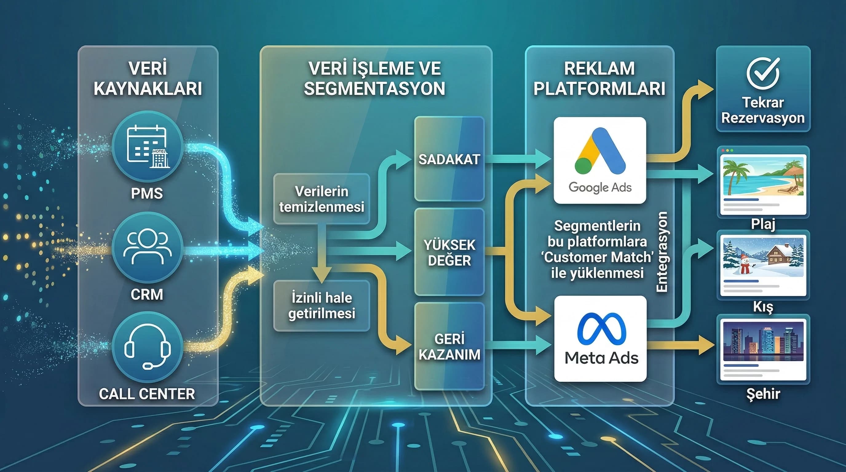 CRM PMS ve call center datasından reklam platformu audience akışını gösteren diyagram