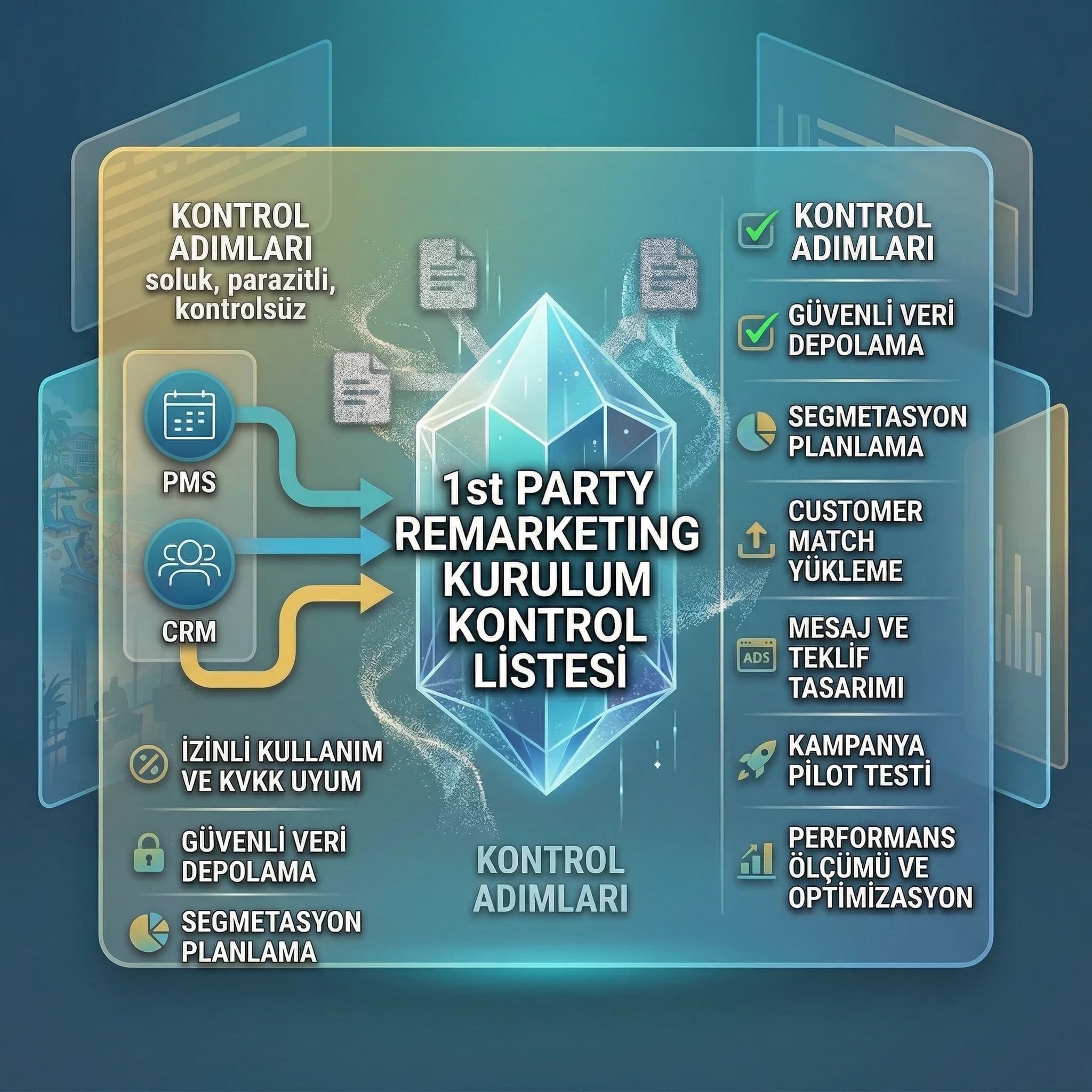 CRM datasıyla remarketing kurulum adımlarını özetleyen checklist kartı
