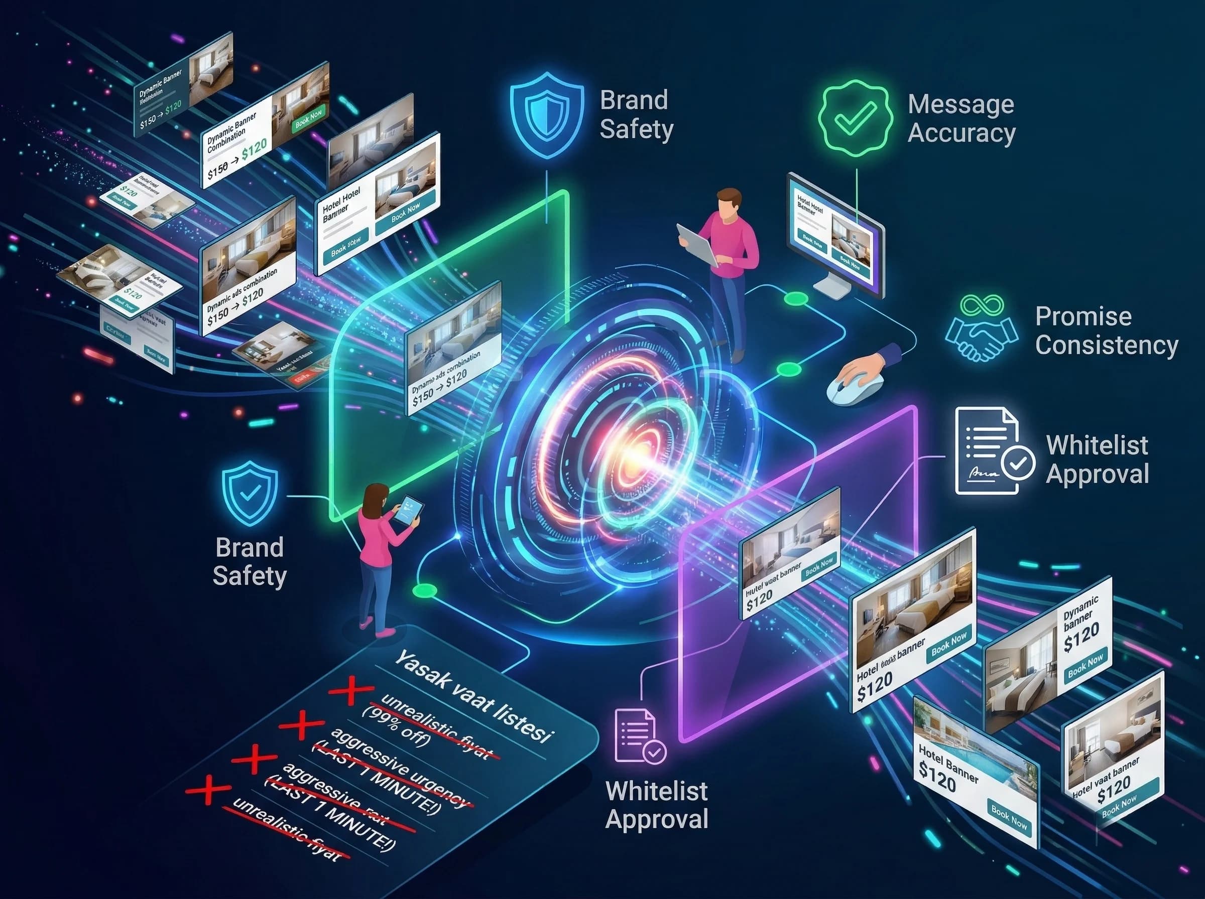 Segmentten kreatif öğeye giden DCO akışını anlatan otel diyagramı