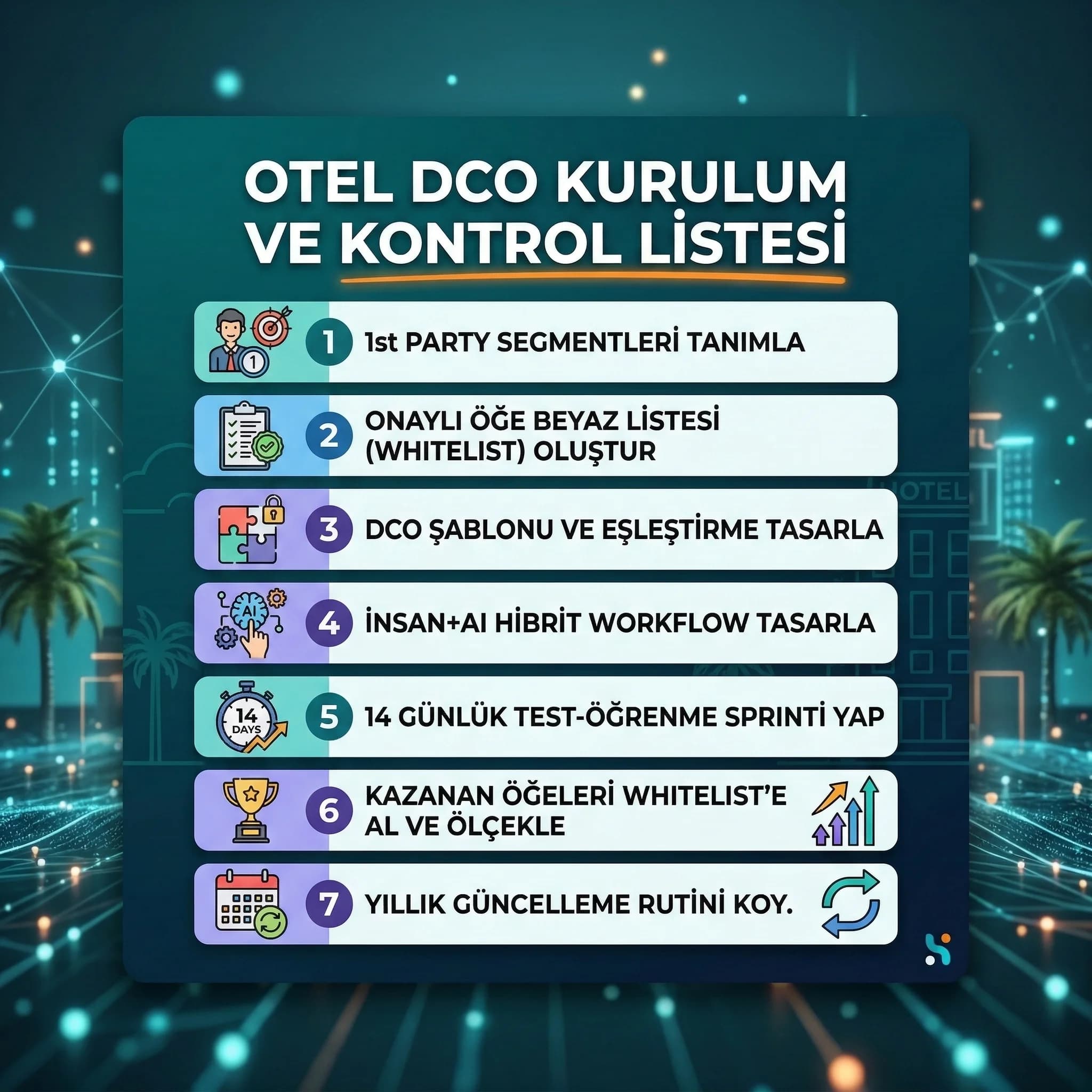 Otel DCO kurulum ve kontrol adımlarını özetleyen checklist kartı