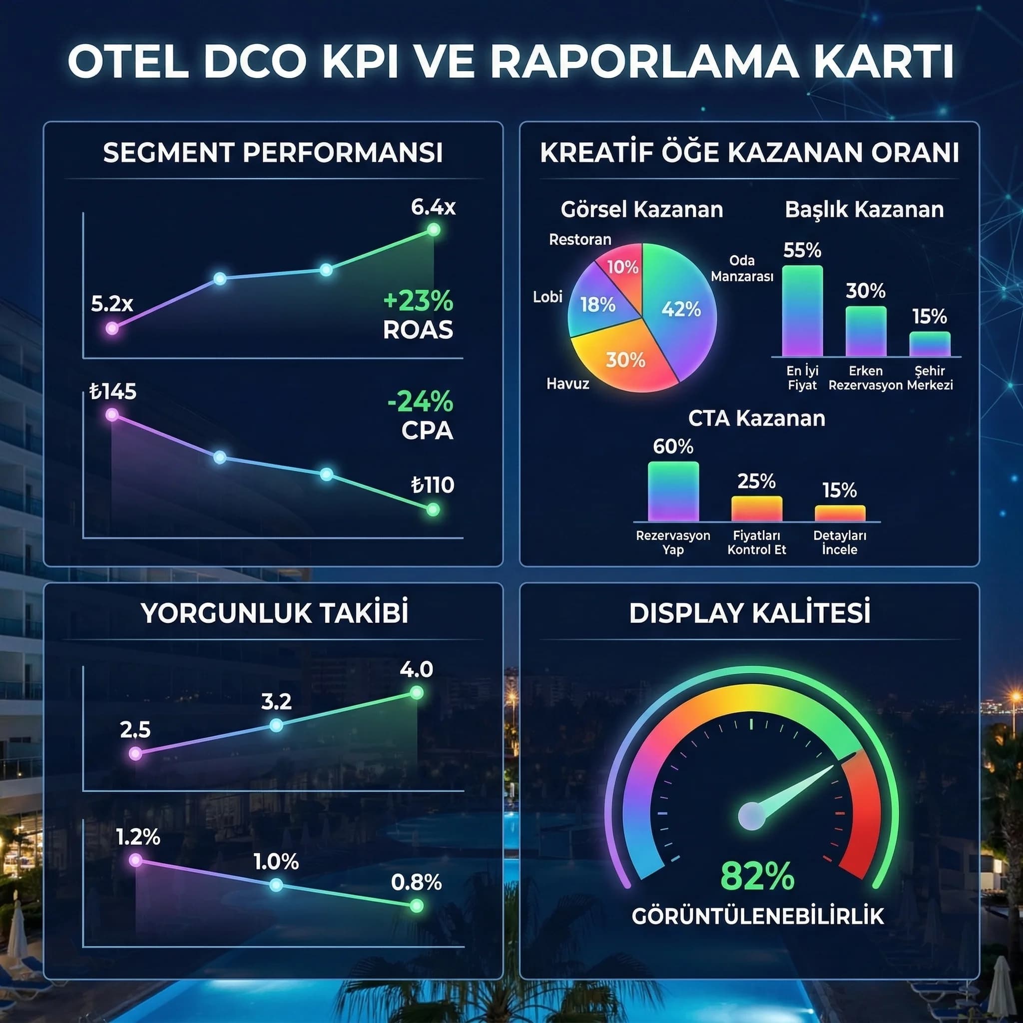 DCO öğe ve segment KPI okumasını gösteren otel skor kartı