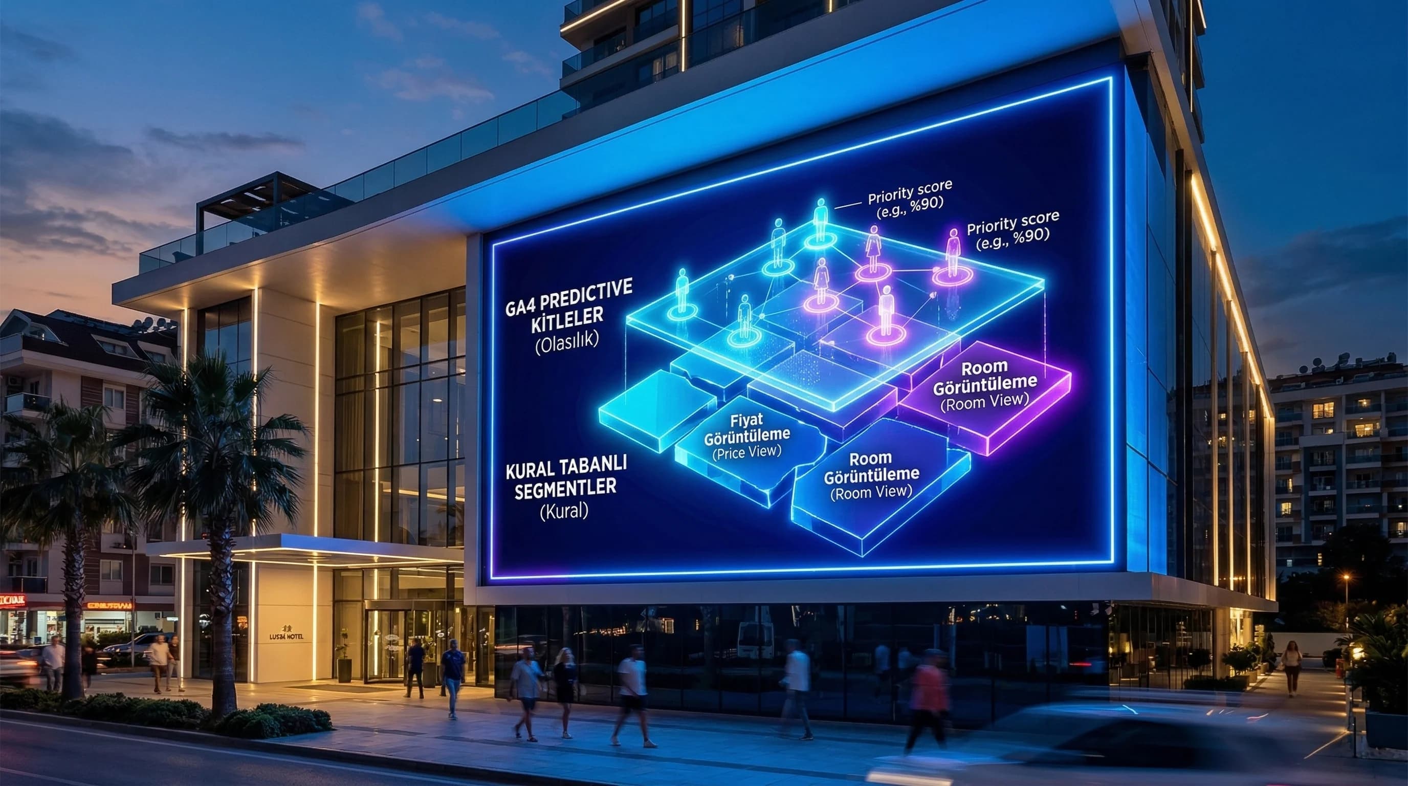 Predictive kitlelerin kural tabanlı segmentlerin üzerinde öncelik katmanı olduğunu anlatan otel görseli
