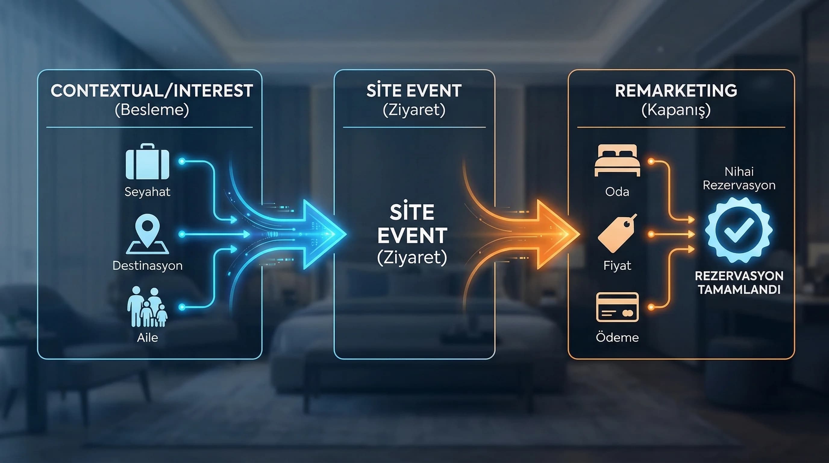 GA4 predictive audience ekran mockup’ı ve audience kampanya eşleştirme akışını gösteren diyagram