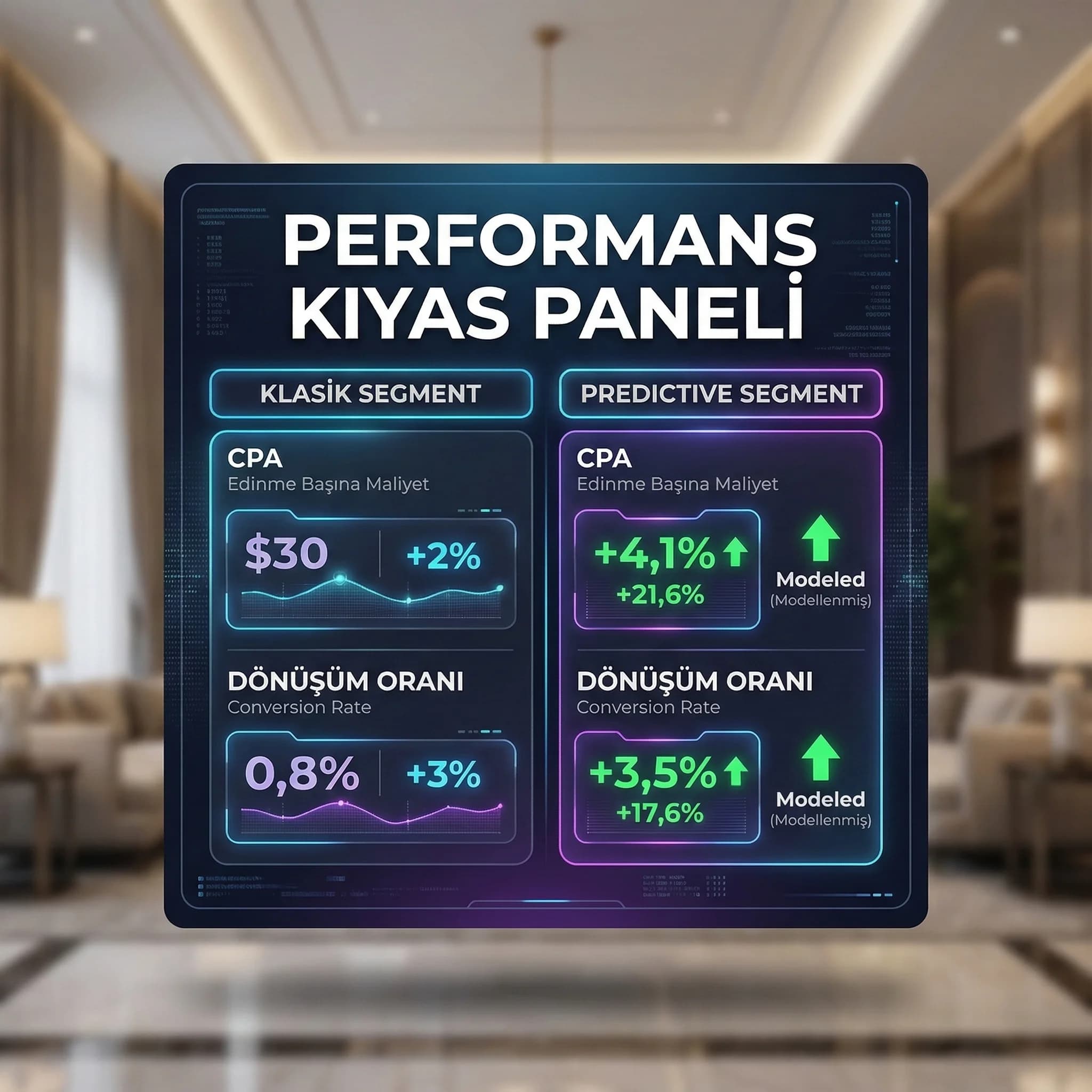 Predictive vs klasik segment performansını CPA ve dönüşümle özetleyen KPI kartı