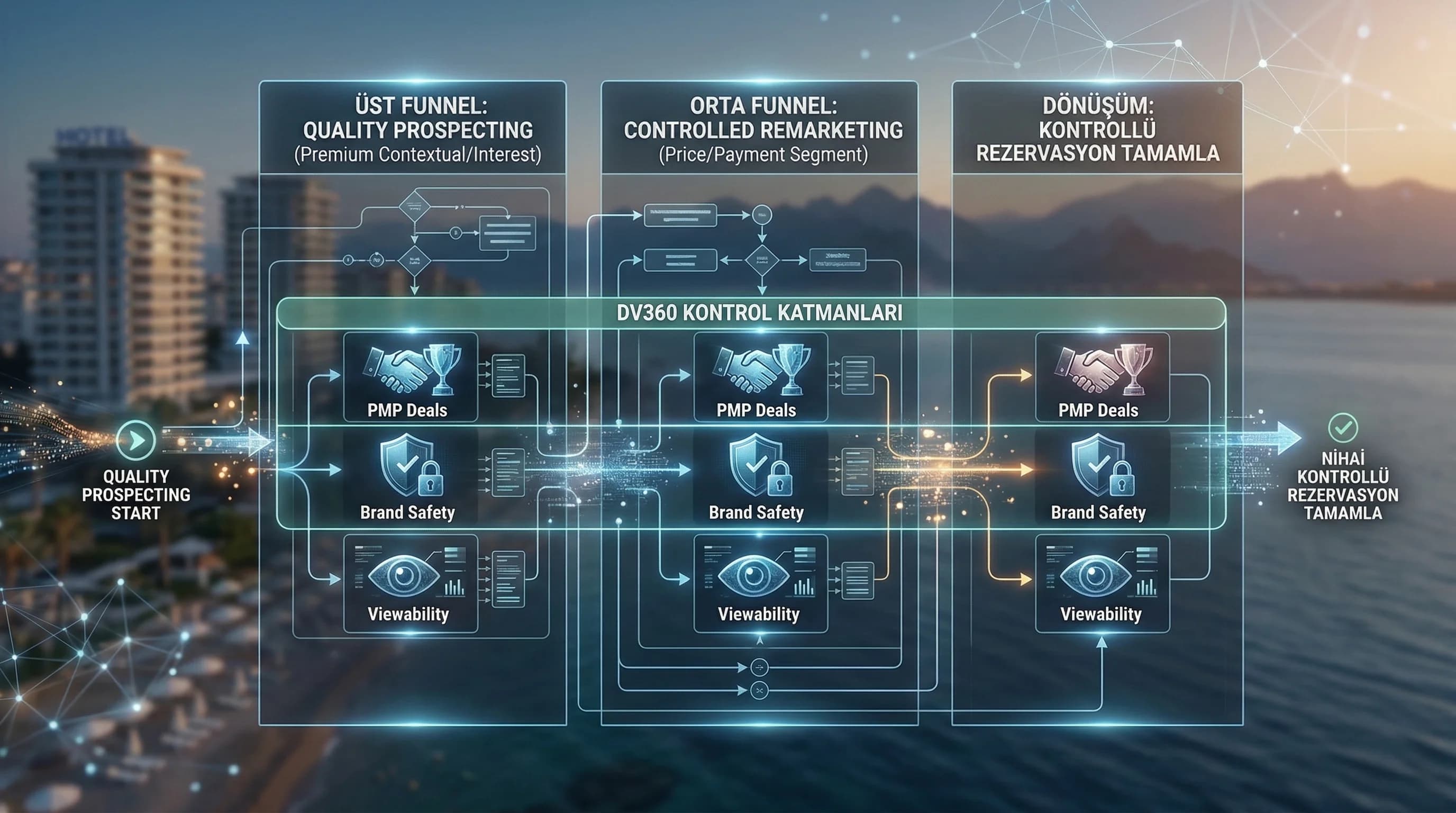 DV360 tabanlı otel programatik funnel akışını gösteren diyagram