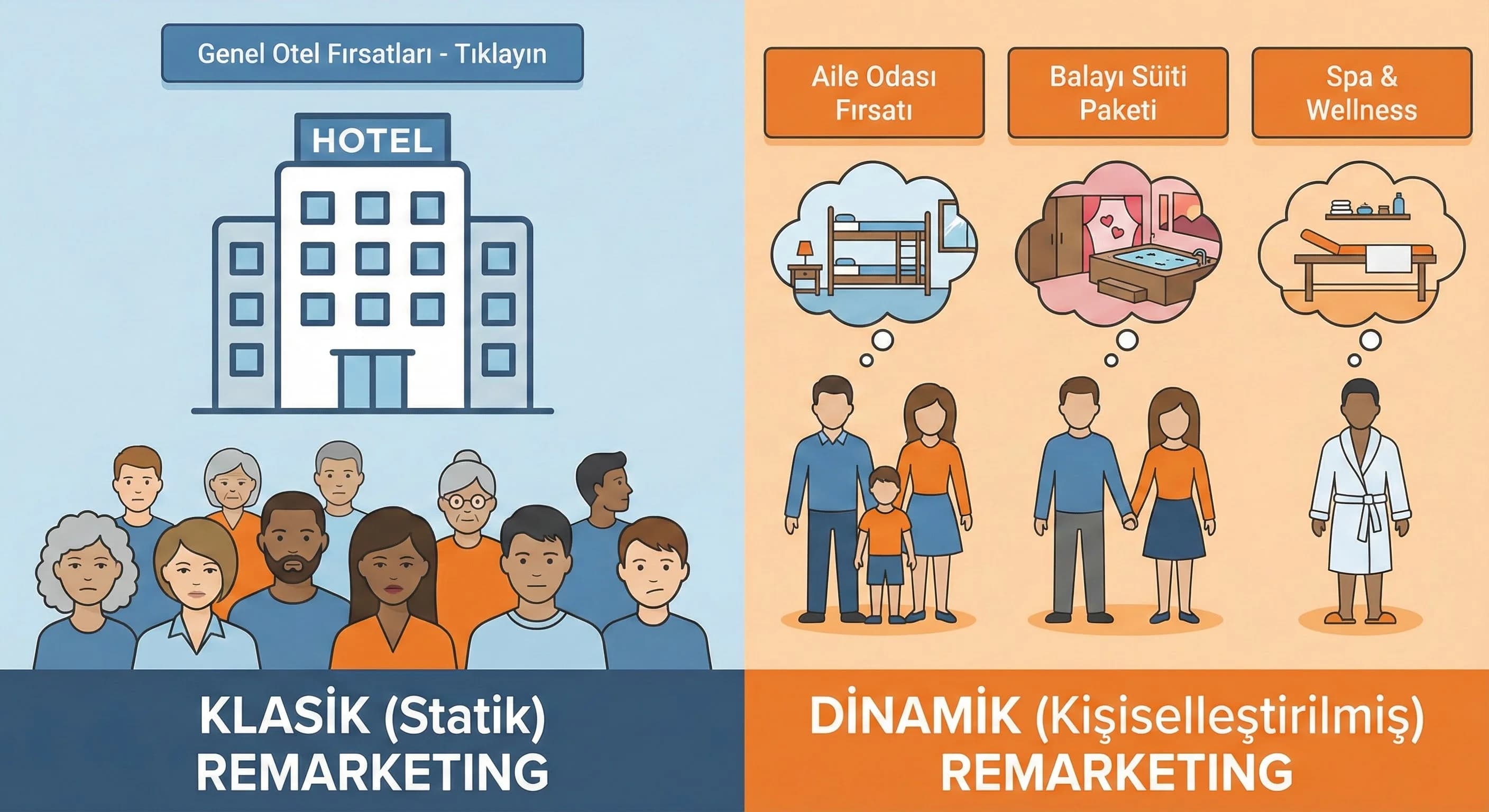 Dinamik remarketing tanımını otel örneğiyle ayıran bölüm görseli
