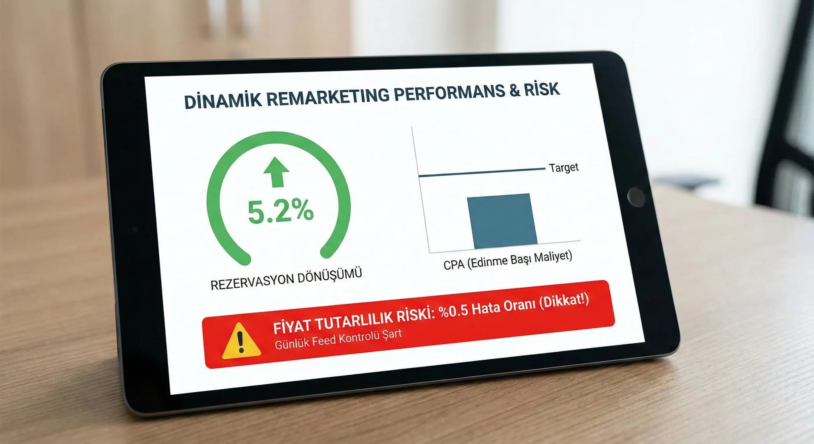 Dinamik remarketingte KPI ve risk kontrolünü özetleyen otel skor kartı