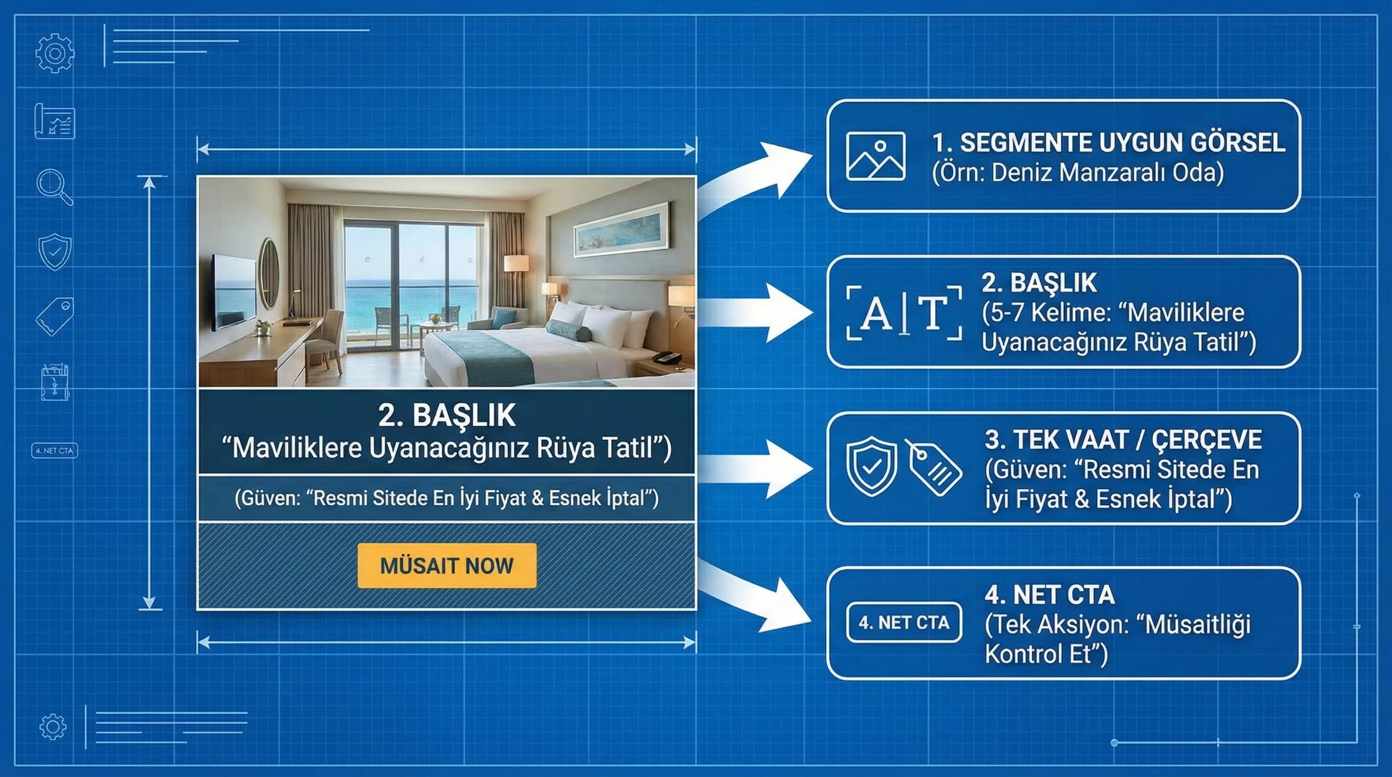 Otel banner bileşenlerini mesaj ve CTA ile gösteren kreatif şema diyagramı