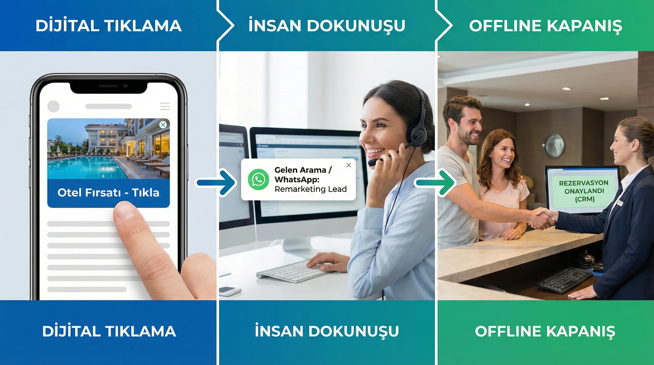 Reklam tıklamasını telefon ve WhatsApp satışına bağlayan otel bağlam görseli