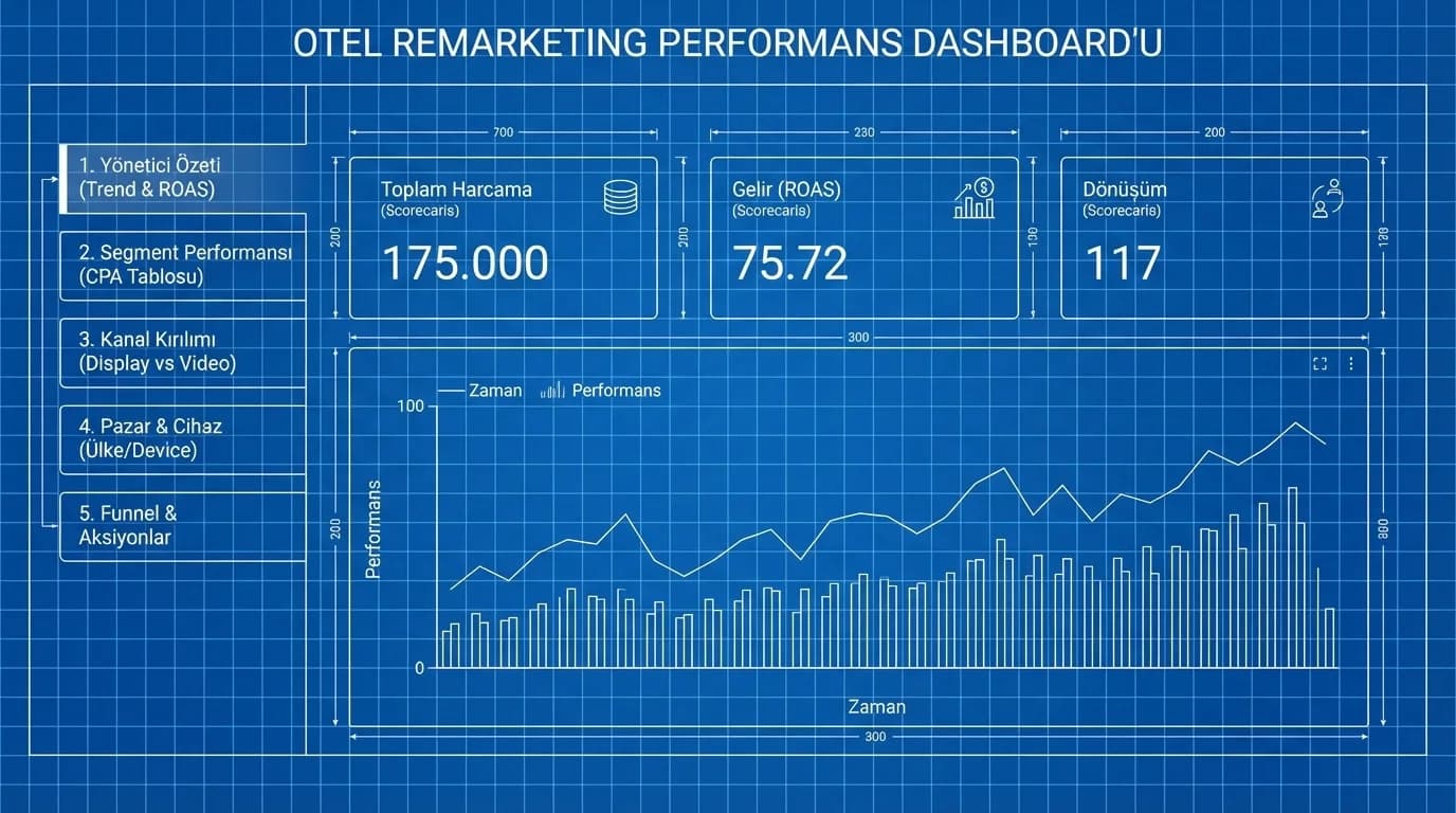 Looker Studio remarketing dashboard mockup şemasını gösteren otel diyagramı