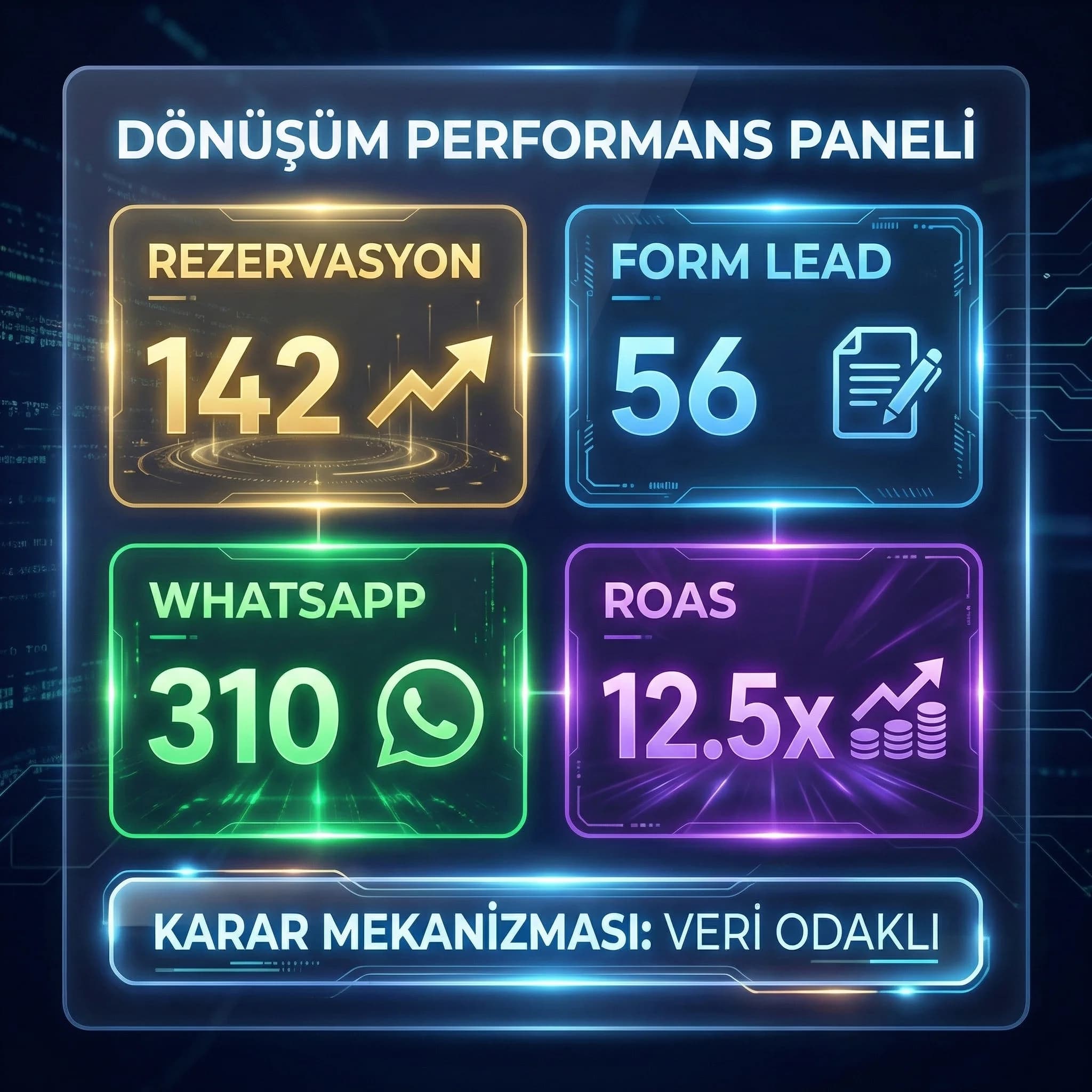 Rezervasyon form telefon WhatsApp KPI’larını otel pazarlaması için panel gibi gösteren kart