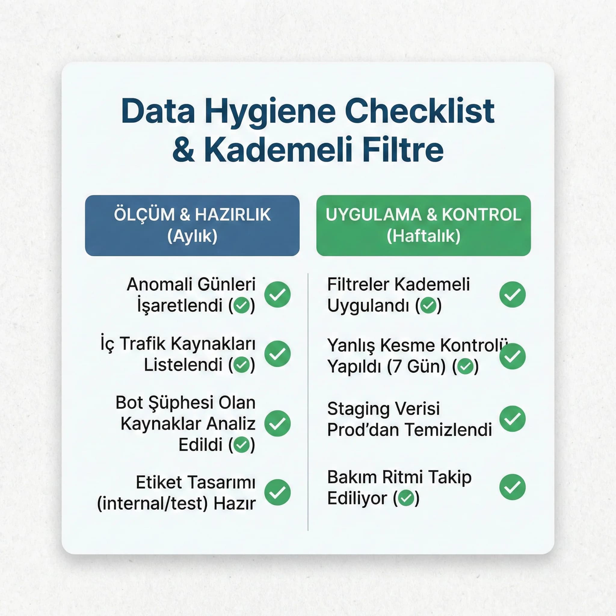 Data hygiene checklist ve filtreleme adımlarını otel için özetleyen kart
