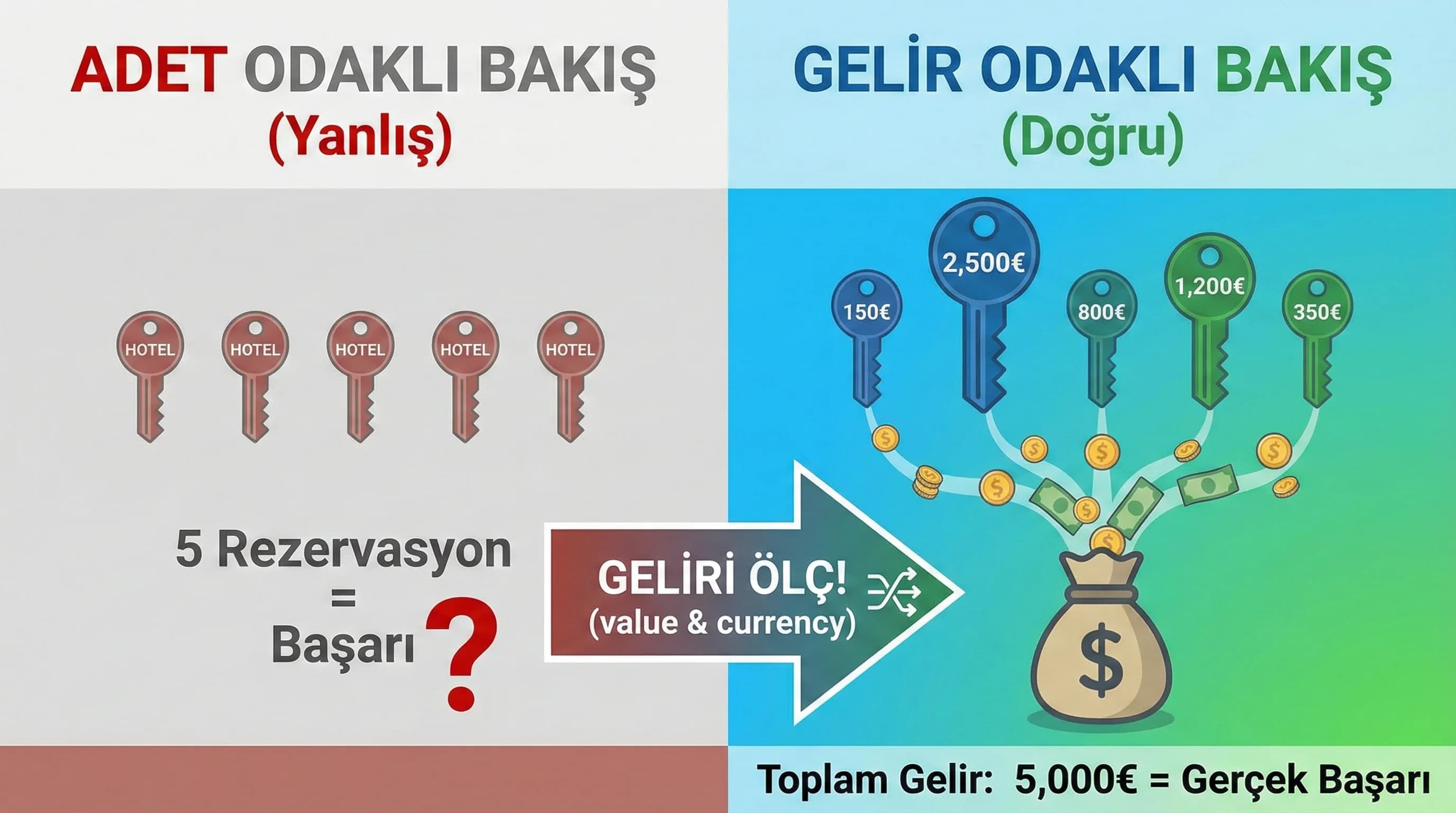 Rezervasyon adedi ile gelir farkını ve value currency akışını anlatan otel görseli
